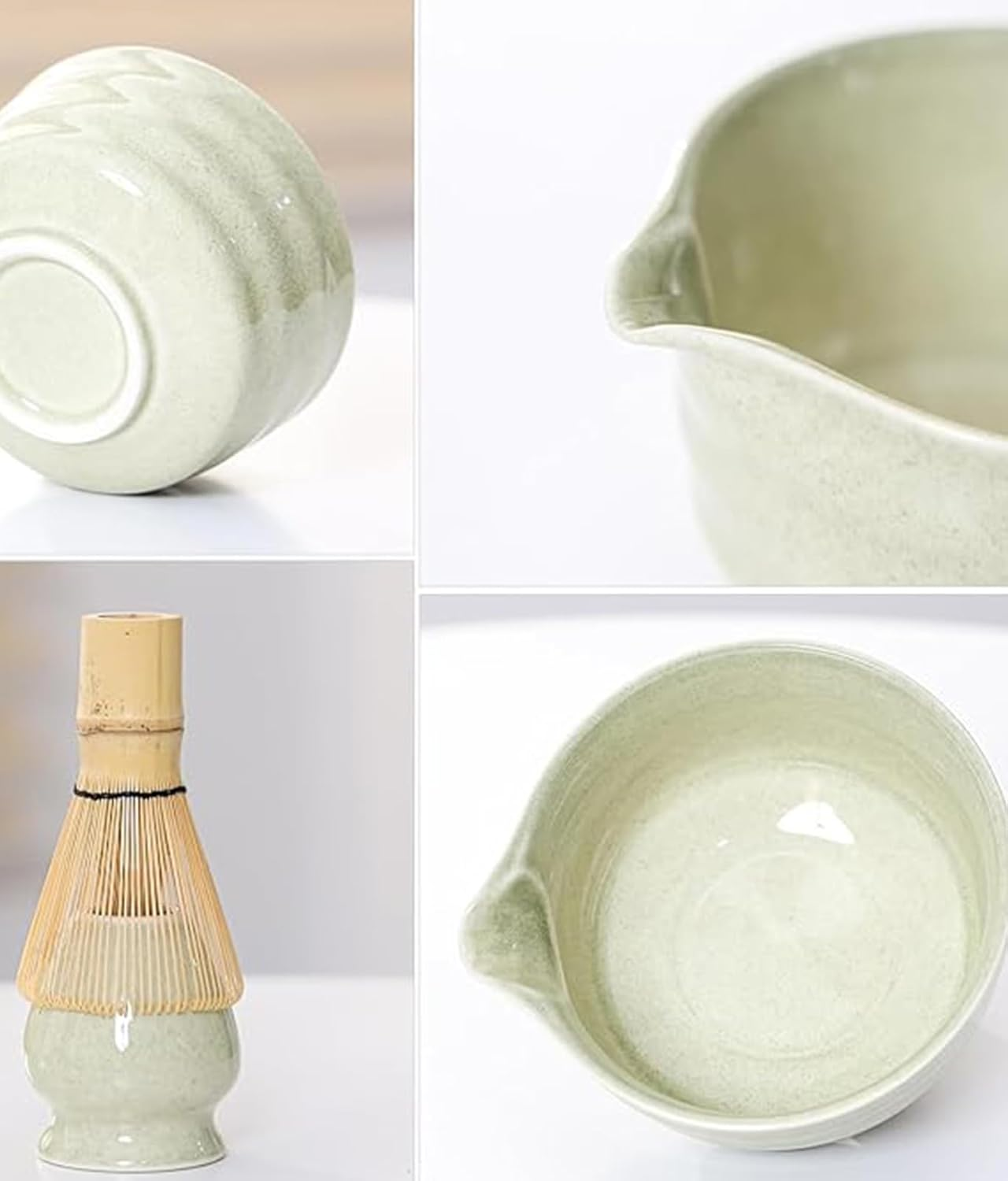 Matcha Whisk Set, Japanese Tea Set Includes Matcha Bowl with Spout, Matcha Whisk Holder, Bamboo Tea Whisk and Bamboo Scoop, Mottled Tea Green Glaze Ceramic Tea Kit for Tea Lovers (Green 7Pcs) image number 6