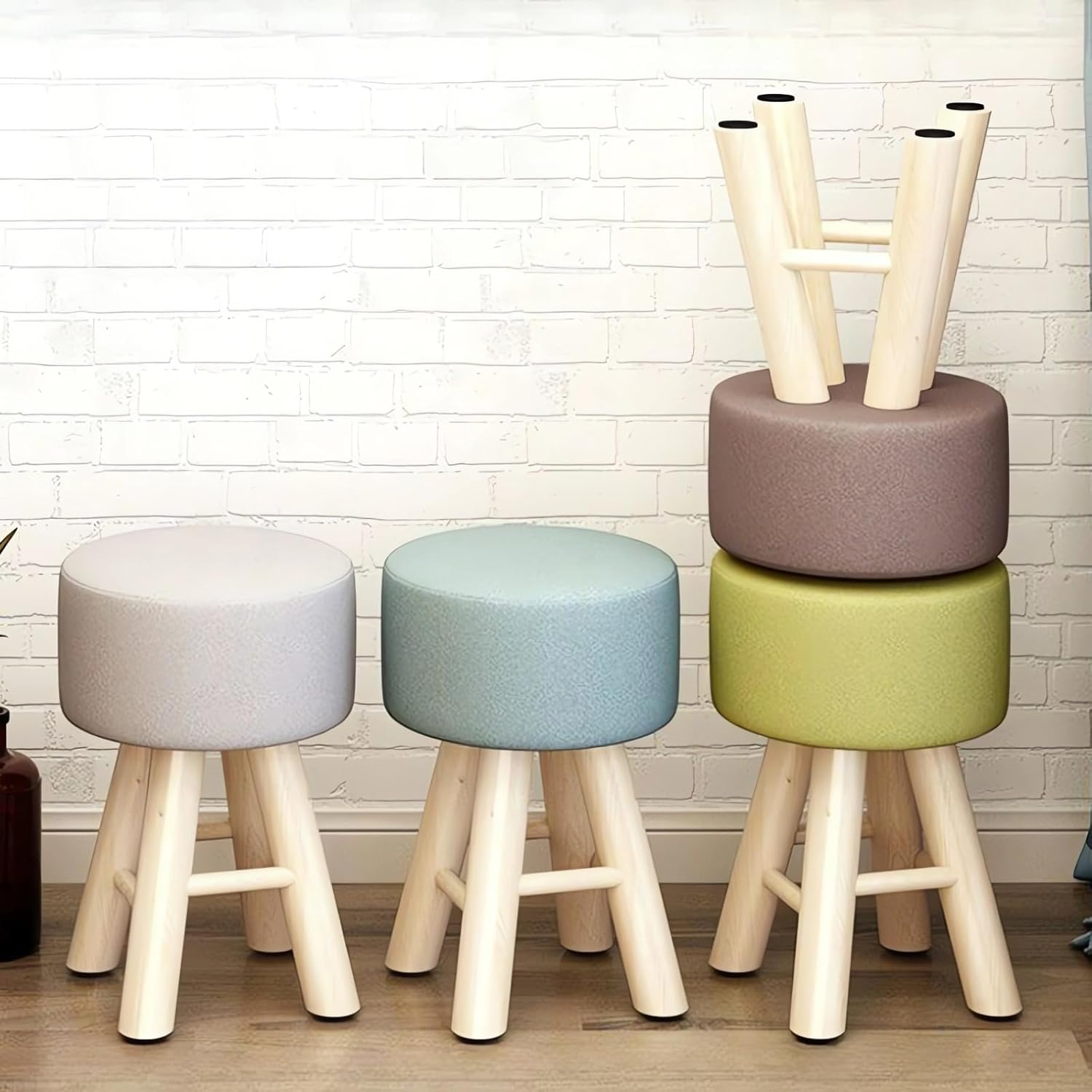 Round Ottoman Footstool, 28 X 28 X 42 Cm, Wooden Legs, Fabric Cushion Top A269 (Green) image number 6