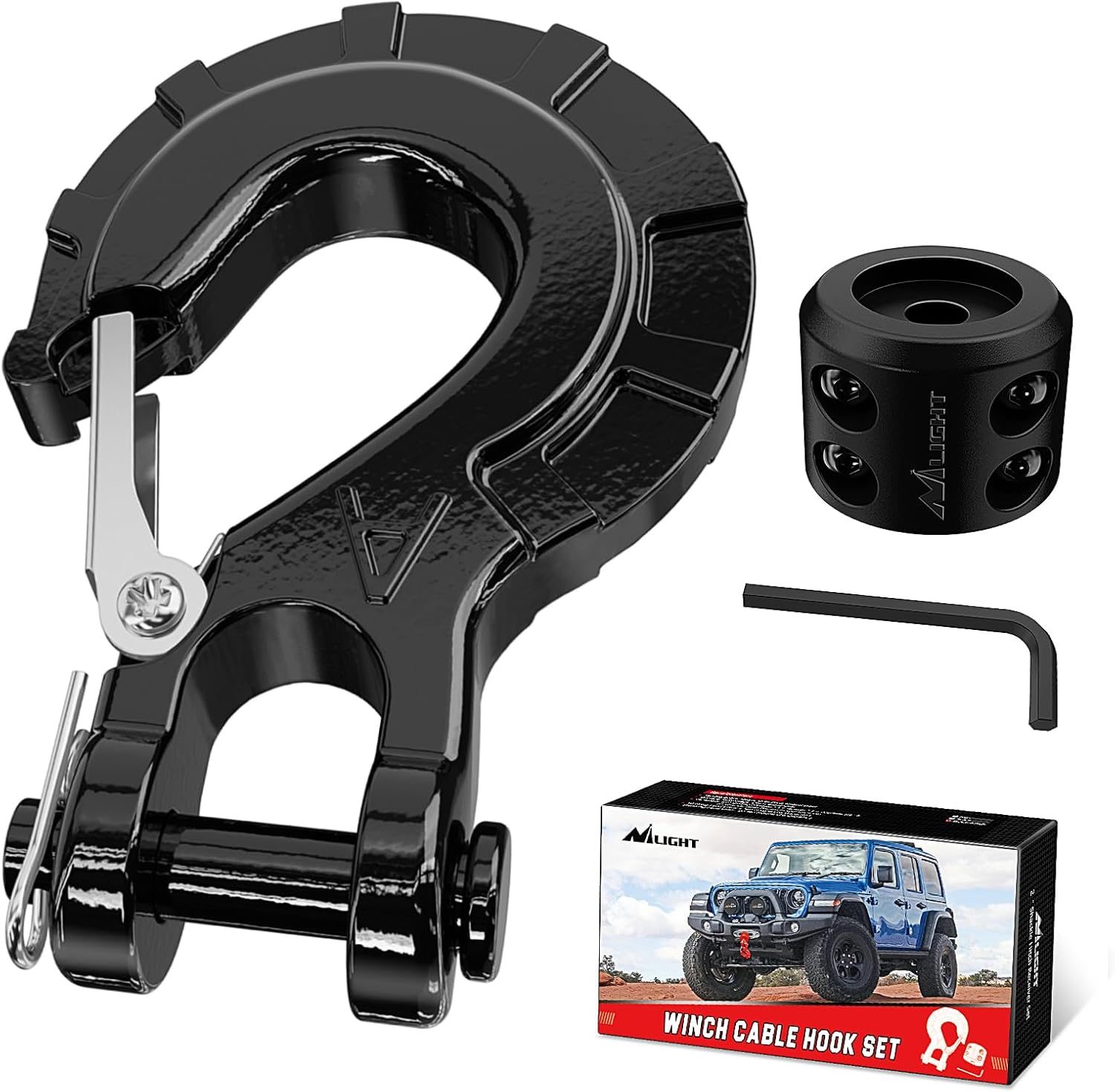 Nilight Forged Steel Winch Hook 3/8" Grade 70 Safety Latch Winch Cable Hook Stopper & Clevis Slip Hook Sets, Included Allen Wrench,Max 35,000 Lbs,2 Years Warranty, Black image number 4