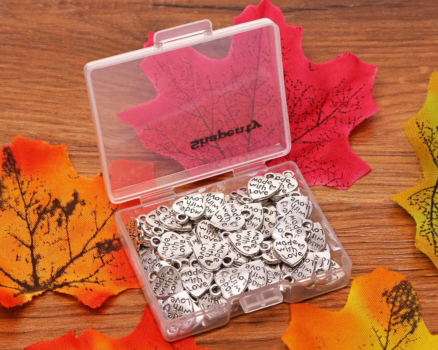 Shapenty 100PCS Mini Metal Beads Heart Shaped &ldquo;Made with Love&rdquo; Charms Bulk for DIY Craft Keychain Necklace Pendants Bracelets Earrings Jewelry Making Findings, 12 X 10Mm, Metal, Metal image number 1