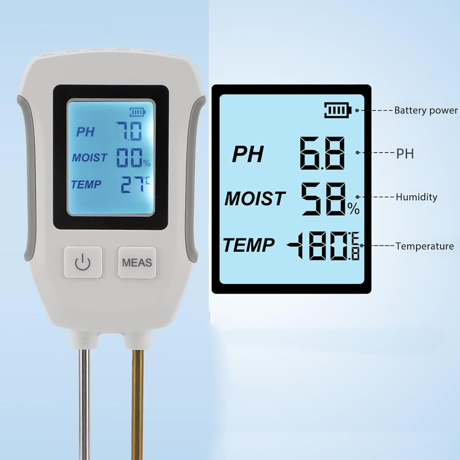 Soil Moisture Sensor Meter, 3 to 9 Soil PH Tester, 0% to 90% Moisture Range Dual Probe Soil Moisture EC Tester with Digital Display, for Gardening Farming image number 3