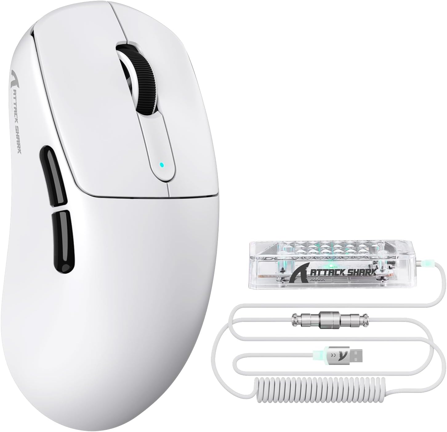 ATTACK SHARK V5 Wireless Gaming Mouse 55G Ultra-Lightweight PAW3950MAX 42K DPI Sensor 8000Hz Polling Rate Tri-Mode-Bluetooth/2.4Ghz/Wired Mice with Coiled Cable for Large Hand-White&Tape
