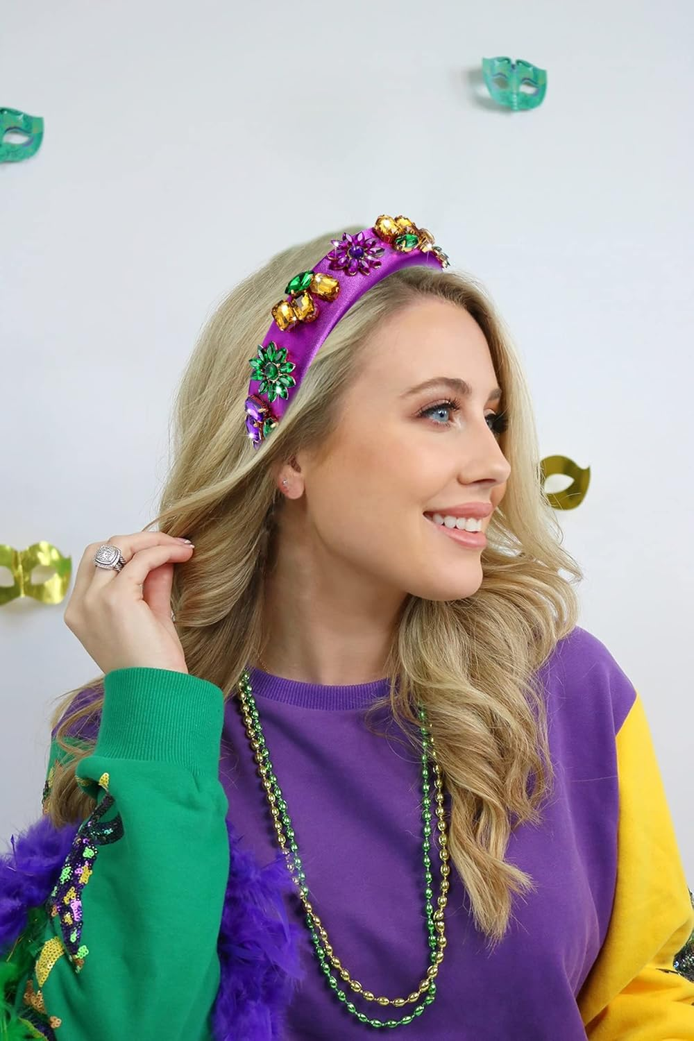 Mardi Gras Headband Sparkly Crystal Wide Purple Headband for Women Girls Mardi Gras Carnival Party Headpiece Hair Accessories Gift (Mardi Gras Purple Headband) image number 3