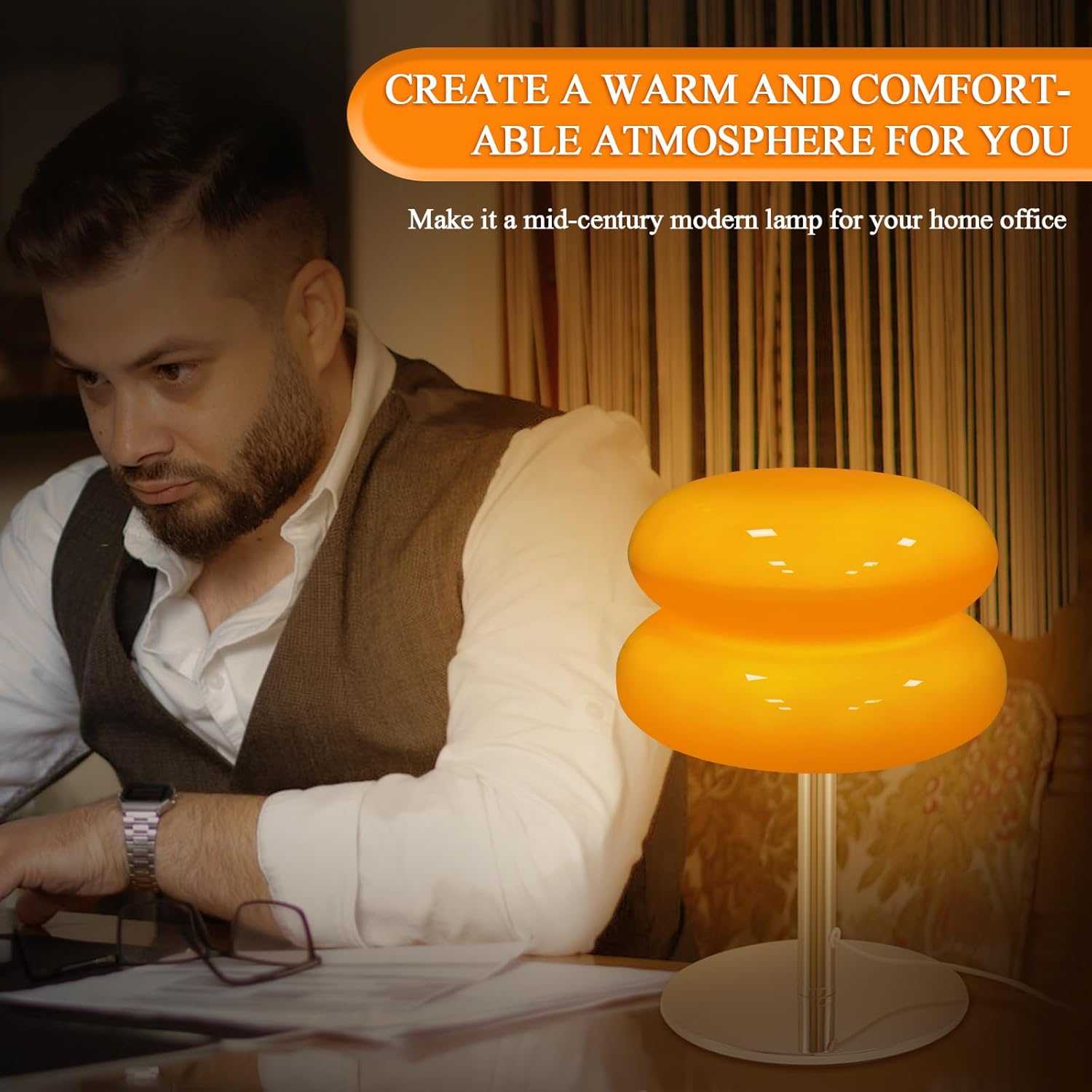 DJAPWPX Modern Egg Tart Glass Table Lamp Retro Cute Desk Lamp with 3 Color Dimmable Modes, Orange image number 2