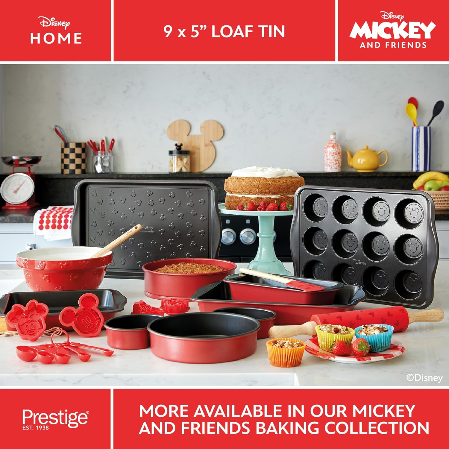 Prestige New Disney Bake with Mickey Mouse 9 Inch Loaf Tin - Non Stick Loaf Tins for Baking 23Cm X 13Cm, Carbon Steel Bakeware, Red & Black image number 3
