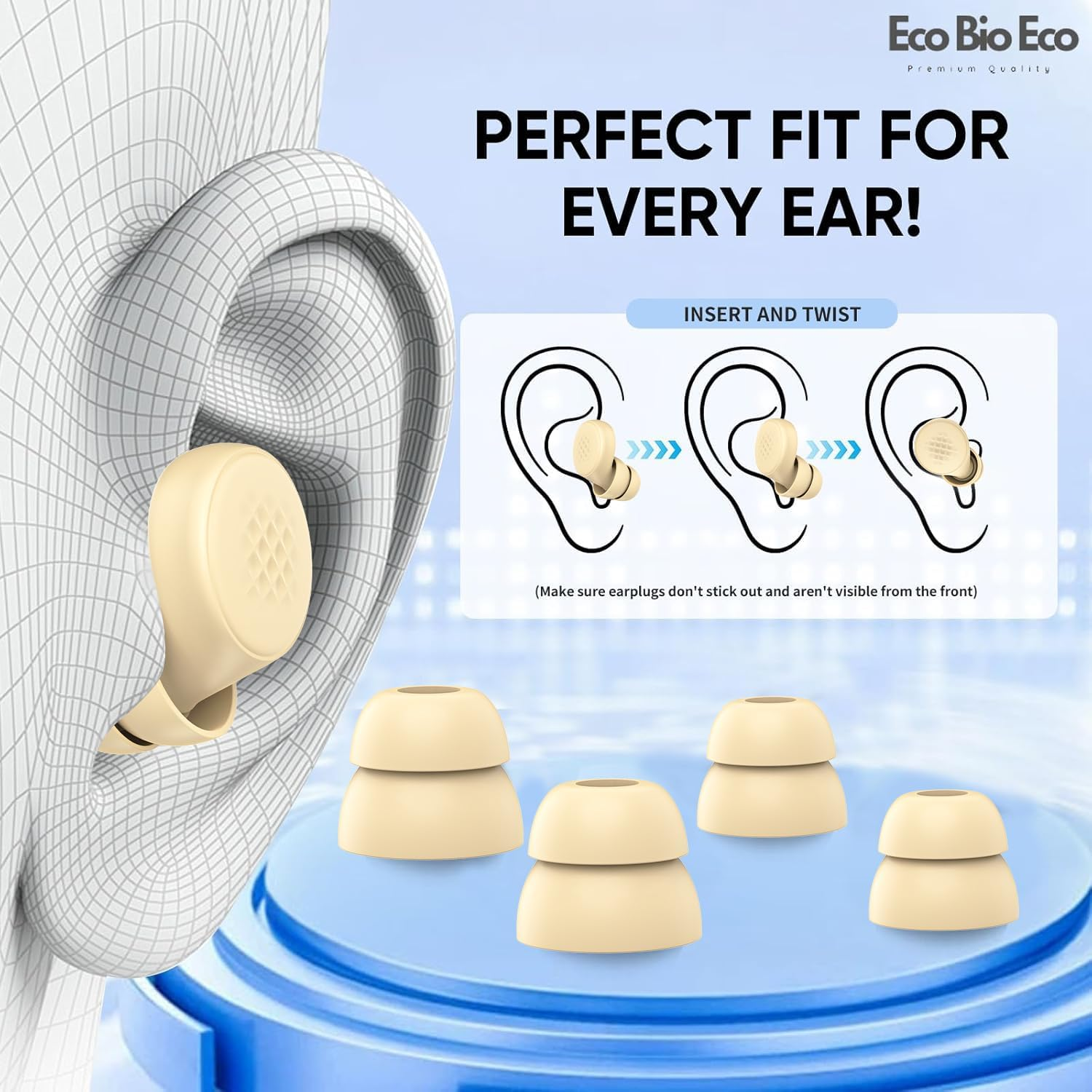 Ear Plugs for Sleeping, Travel, Concerts, Working. 45Db Protection Earplugs. Custom Fit with 7 Pairs of Replaceable and Reusable Ear Tips. Soft, Reusable, Comforatable & Lightweight. Using State of the Art Nano-Sound-Absorbing Materials with Mesh Filter for Superior Reduction. - Beige image number 6