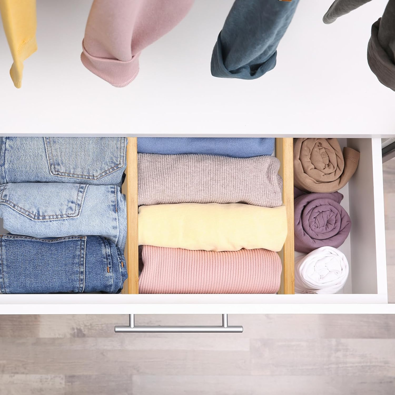 Fabsome Dresser Drawer Organizers 6 Pack, 4.65'' High Adjustable from 12.5-17&lsquo;&rsquo; Bamboo Drawer Dividers for Clothing Baby Clothes, Wooden Separators for Dresser Nursery Organization with Soft Foam Ends image number 6