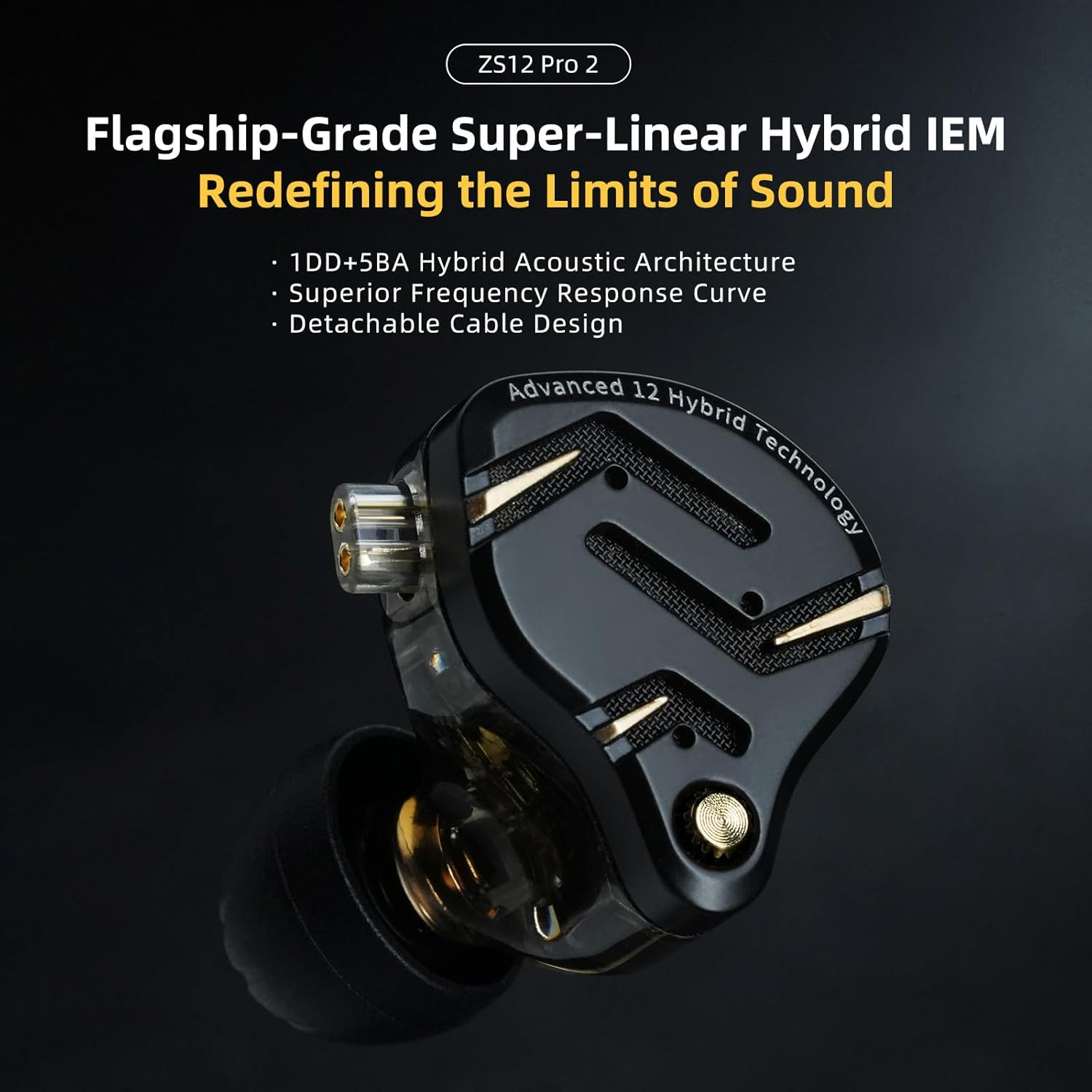 Yinyoo KZ ZS12 Pro 2 IEM Wired Earphones USBC Hifi Earphones 5BA + 1DD In-Ear Headphones with Gold-Plated 2-Pin Connector for Musicians (Black, with Microphone) image number 1