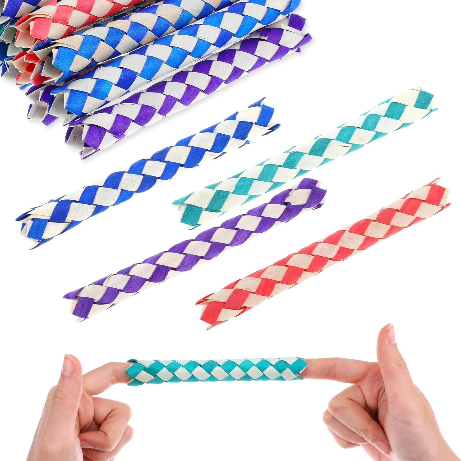 Birds Parrots Chew Toy Trap, 6Pcs Colorful Classic Finger Traps, Chinese Finger Trap Bamboo Finger Traps, Birds Foraging Chinese Classic Finger Trap image number 3