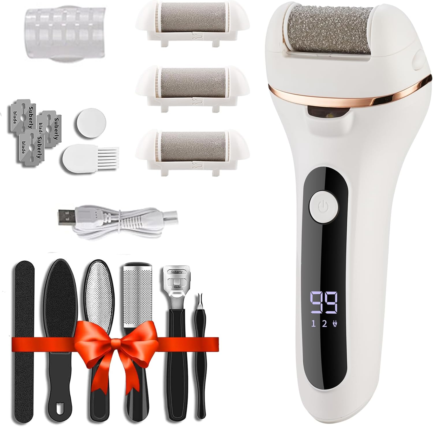 Electric Foot Callus Remover, Professional Electric Feet File Rechargeable Foot Scrubber Pedicure Kit with 3 Roller Heads for Heels and Dead Skin White image number 3