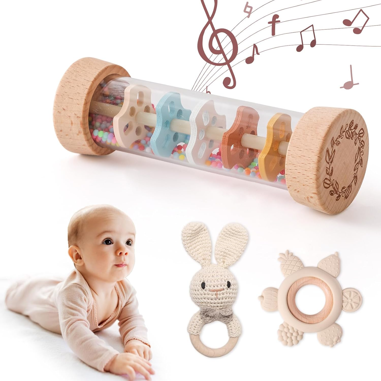 IEATFO Wooden Baby Rattle Set (3Pcs) - Crochet Rattle Rain Stick Toys, Wooden Montessori Toy for Newborn Infant Baby Rattles Set Toys 3-6-12 Months (Bunny)