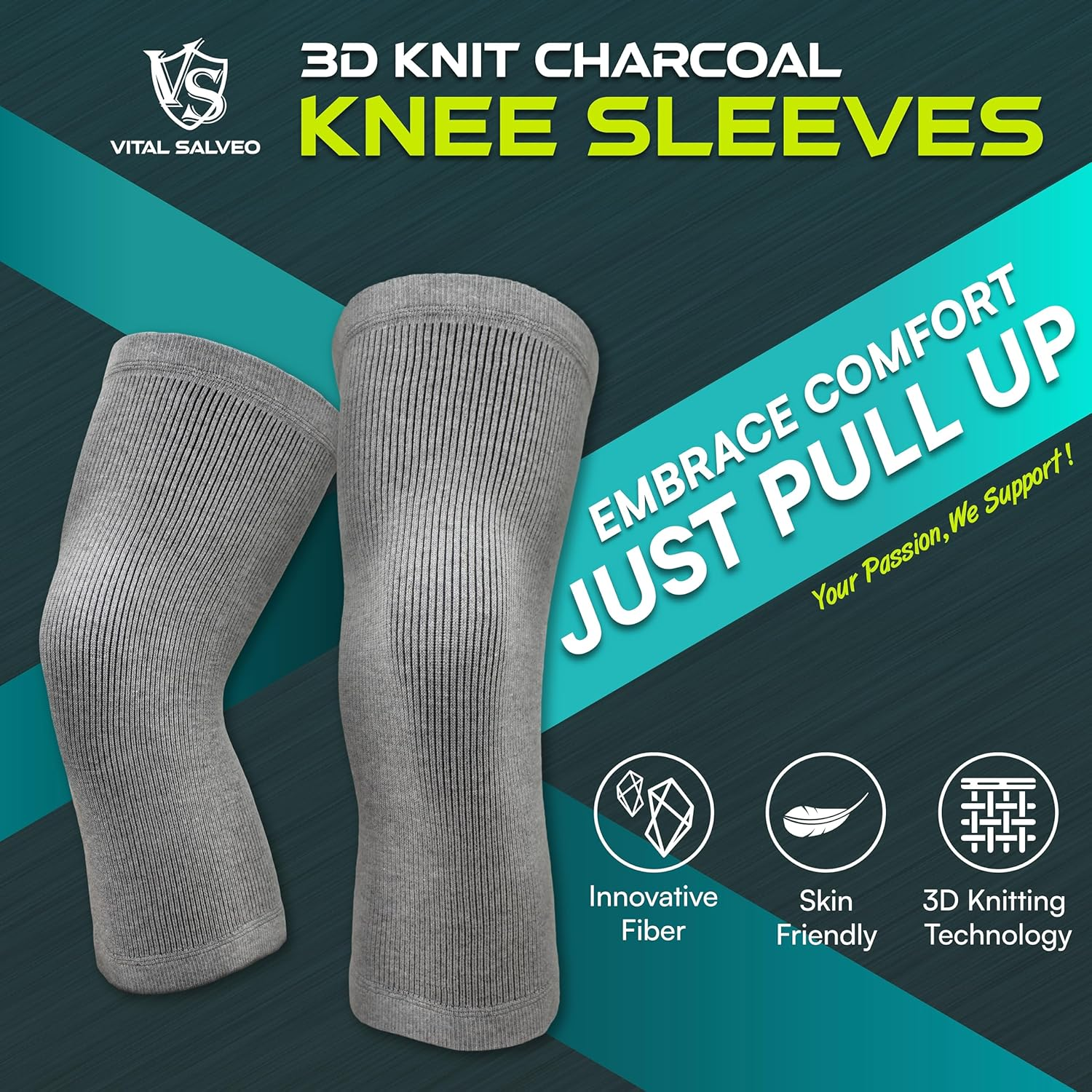 Vital Salveo-Charcoal Knee Warmers-For Men and Women, Soft Breathable Elastic Knees Sleeves, Comfortable,Joint Pain Relief for Arthritis,Suitable for Day and Night-Light Grey Large Fit (1Pair)