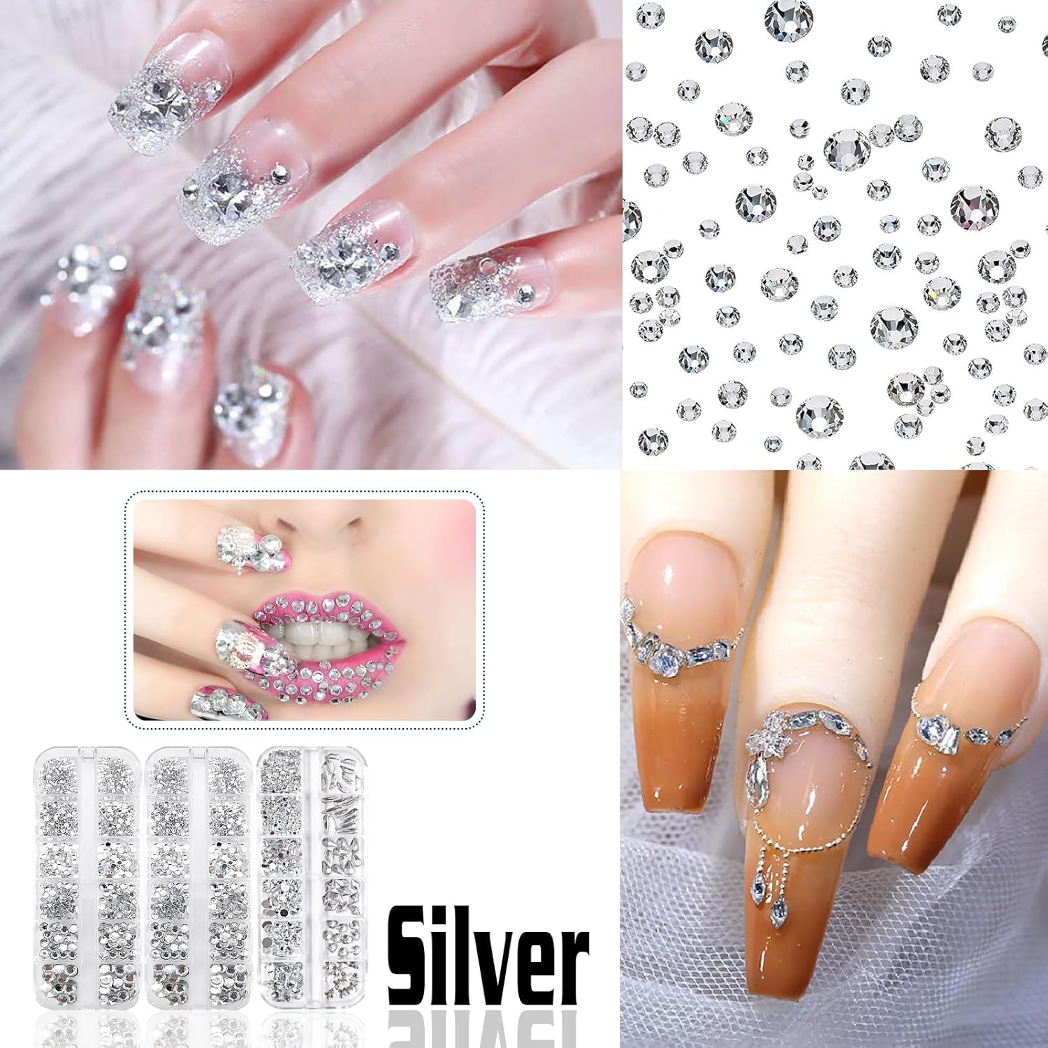 Sliver Nail Rhinestones Gems - Multi Size Flatback round Beads,Sliver Crystal Diamonds for Nail Art, Eyes Makeup, DIY Crafts, Jewelry Decoration image number 6