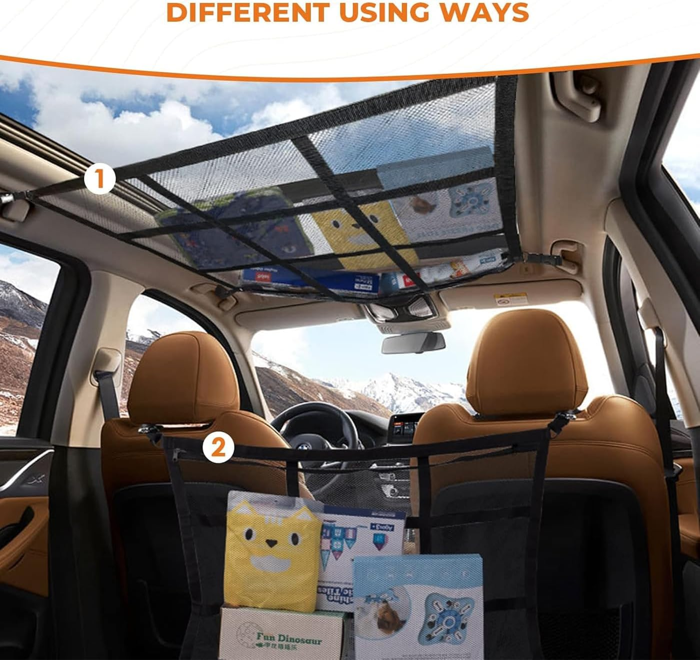 Travel Cargo Net SUV Ceiling Cargo Net Pocket，80 X 55 Cm Adjustable Double Large Car Ceiling Storage Net, Mesh Car Roof Organizer Long Trip Storage Bag for SUV Long Trip Camping (Black) image number 2