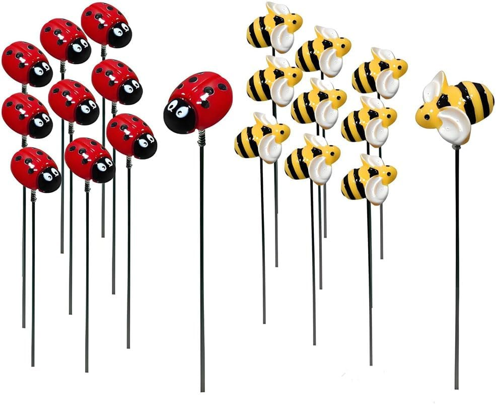 10Pcs Bee + 10Pcs Ladybug Garden Stakes Outdoor Decor Colorful Insect Art for Flower Beds, Spring Lawn and Patio, Honeybee and Ladybug Themed Plant Accessories, Painted Resin Craft for Yard and Garden