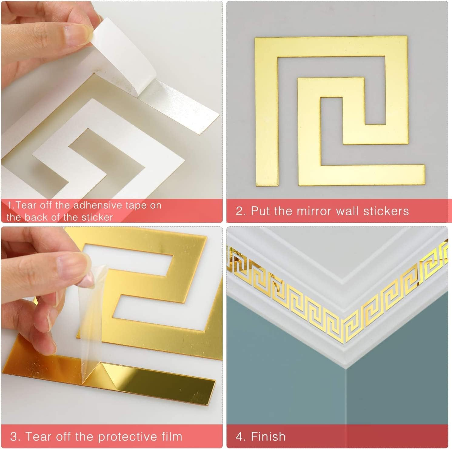 Lubise 64Pcs Gold DIY Mirror Stickers Removable Adhensive Wall Stickers Decals for Home Art Room Bedroom Background Decoration (Geometric Greek Key Pattern)&hellip;