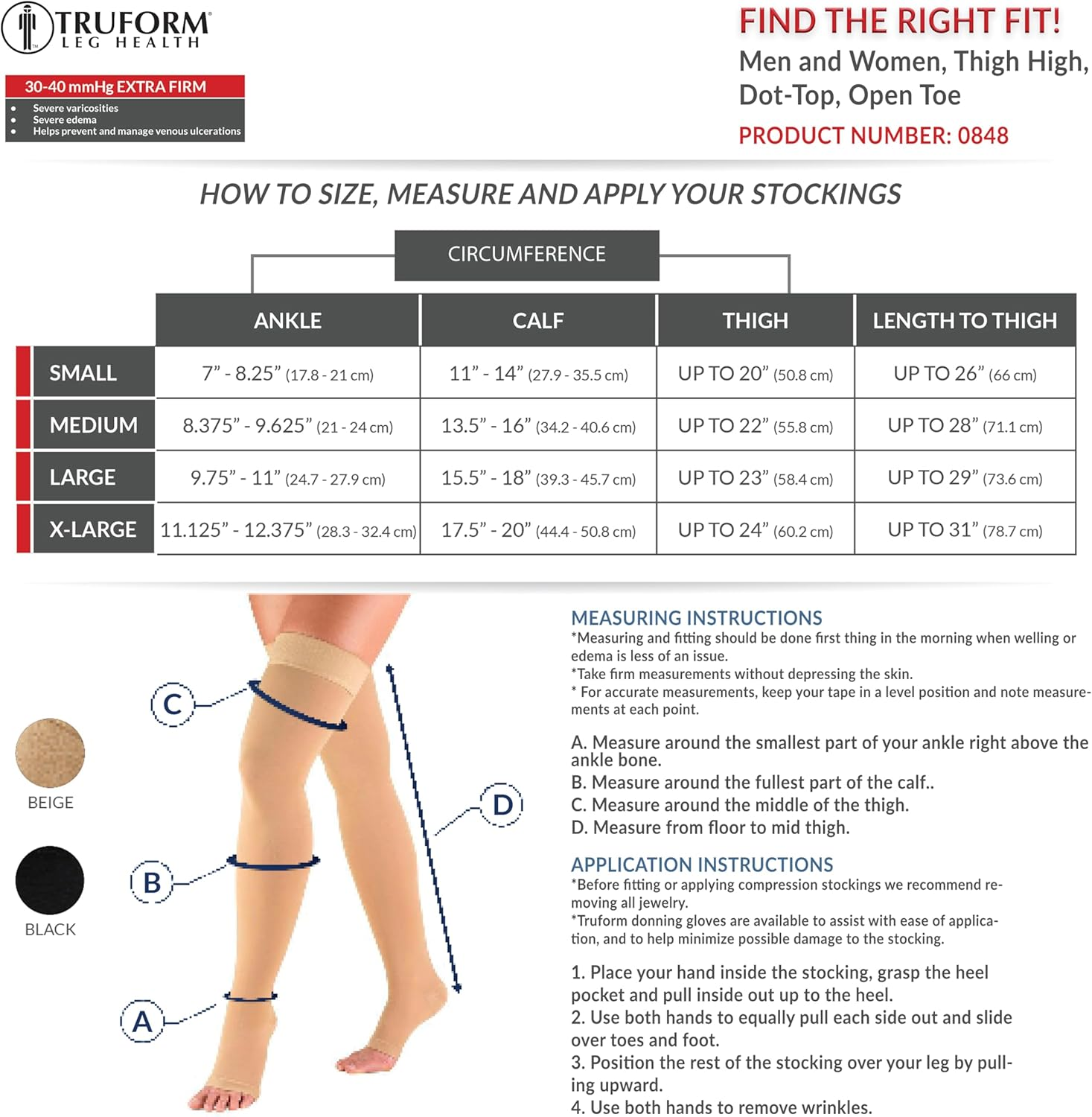 Truform 30-40 Mmhg Compression Stockings for Men and Women, Thigh High Length, Dot-Top, Open Toe, Black, Large image number 4
