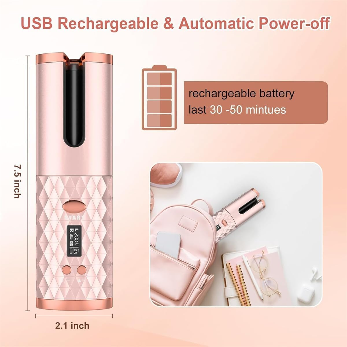 Automatic Hair Curler, Cordless Hair Curler LCD Display and Timer, Portable Wireless Curling Iron, USB Rechargeable Curling Wand, Fast Heating and Auto Shut Off