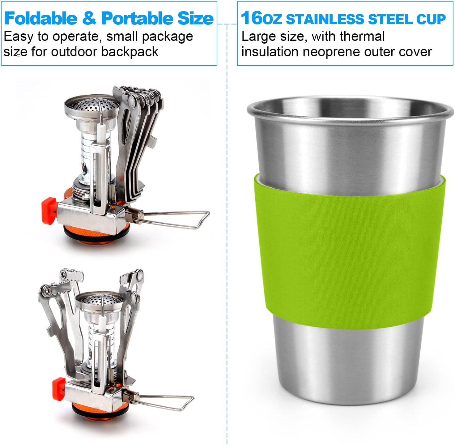 Odoland Camping Cookware Stove Carabiner Canister Stand Tripod and Stainless Steel Cup, Tank Bracket, Fork Knife Spoon Kit for Backpacking, Outdoor Camping Hiking and Picnic