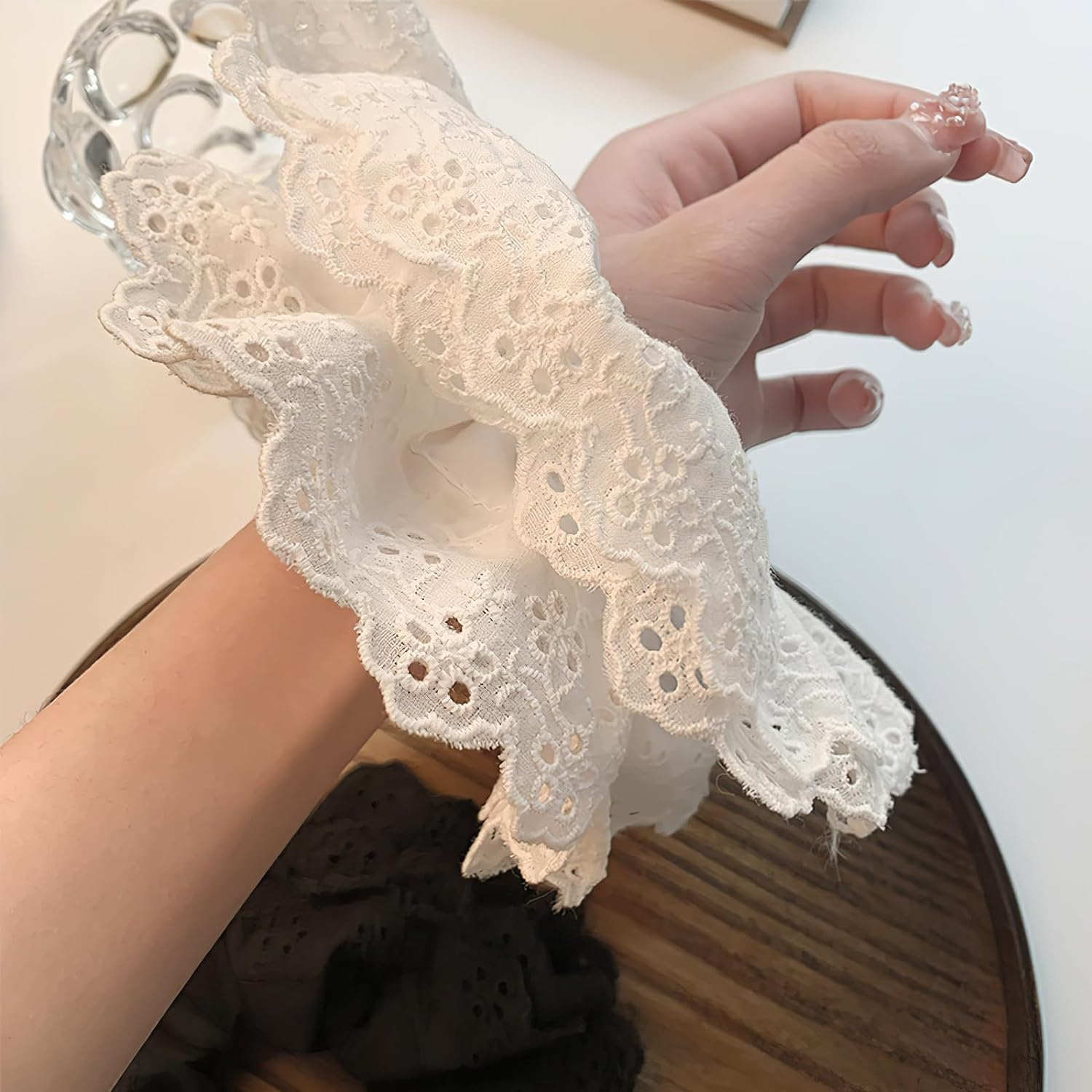 White Lace Scrunchies Large Elastic Hair Ties Ropes Hair Scrunchies, White Large Hair Scrunchies, Bobbles Ponytail Holders for Thick Hair, Thick Hair Bulk Scrunchies Accessories for Girl Women image number 6