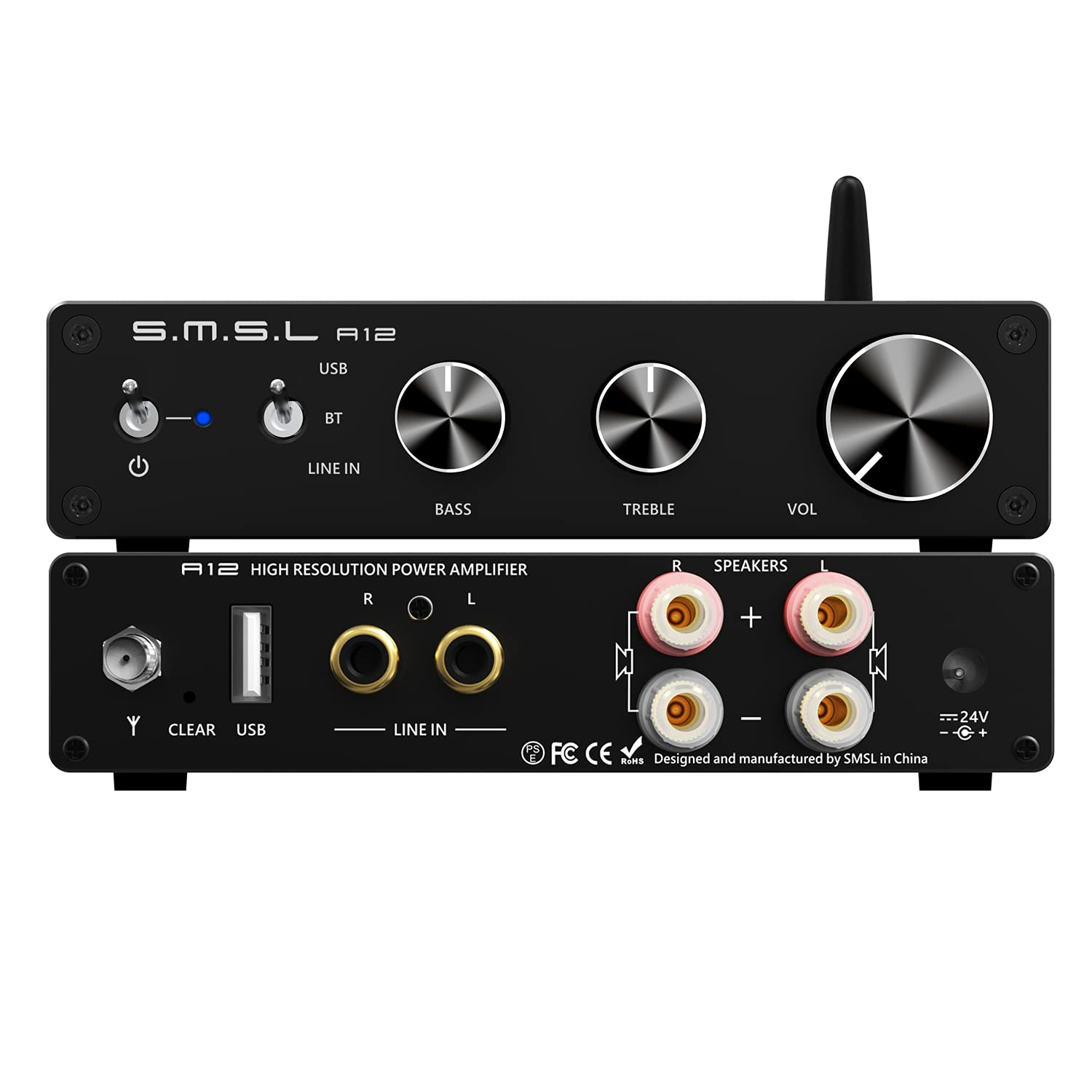 SMSL A12 Stereo Audio Amplifier Bluetooth 5.0 Class D Power Amp Receiver for Home Speakers with Bass and Treble Control Infineon MA12070