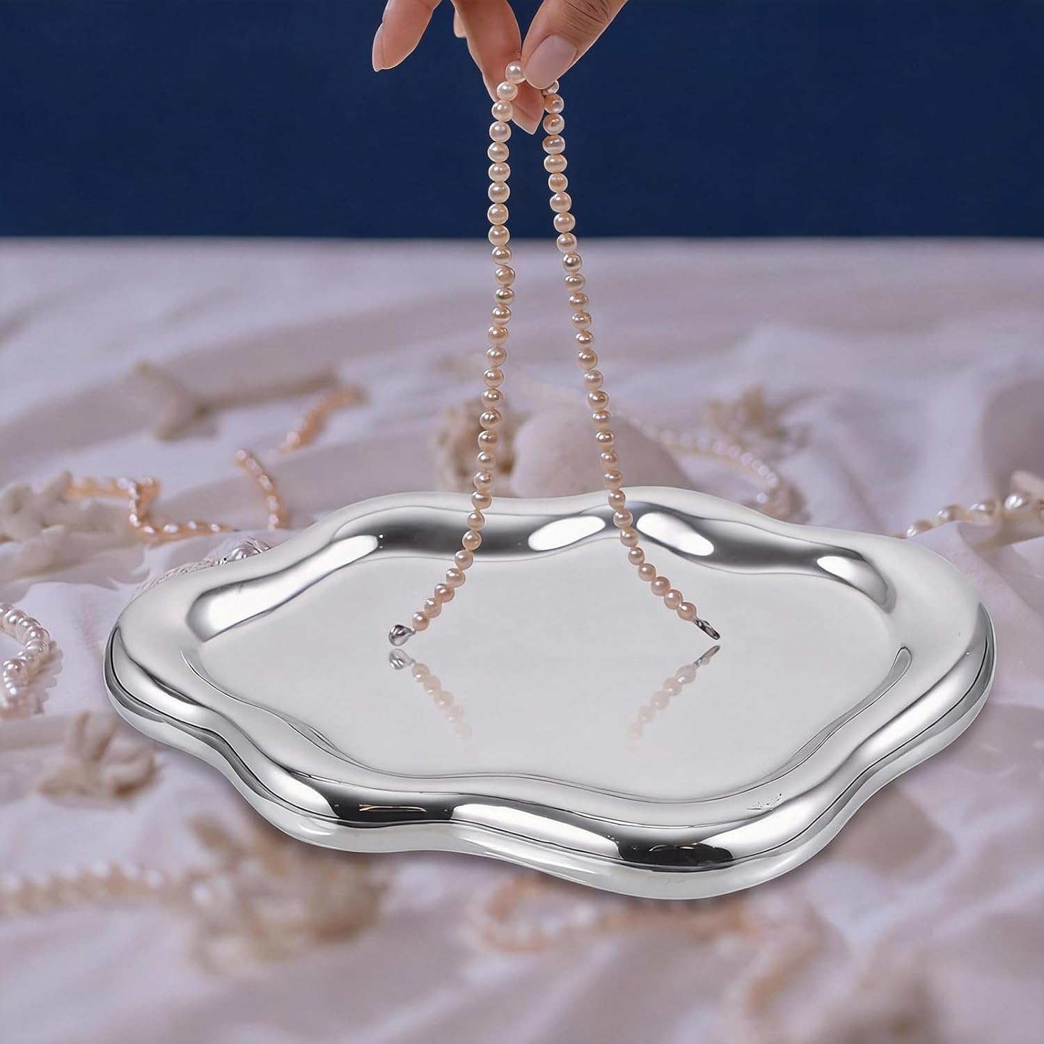 Cloud Trinket Dish - Silver Jewelry Tray Mirror Finish Ceramic Ring Holder, Modern Luxury Perfume Tray, Decorative Catchall Bowl for Entryway Table, Unique Christmas Birthday Gift-Silver - White image number 2