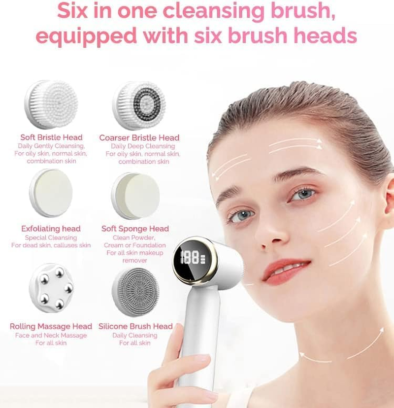 OBEST Facial Cleansing Brush with LED Screen,Rechargeable Face Scrubber,Waterproof Rotating Cleanser for Exfoliating, Massaging and Deep Cleansing 3-Speed Setting with 6 Brush Heads