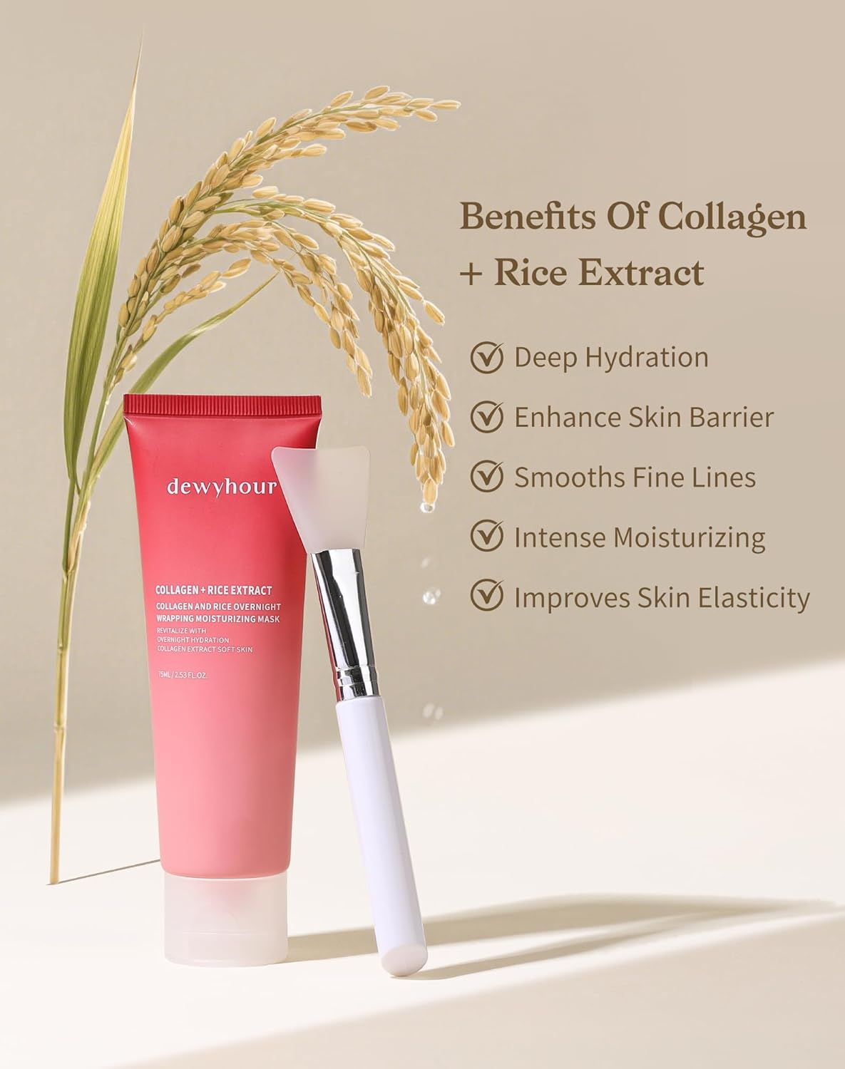 Dewyhour Collagen and Rice Overnight Wrapping Moisturizing Mask: Collagen Face Mask, Hydrolyzed Peel off Mask for Glowing Skin, Elasticity & Hydrating, Rice Extract, 2.53 FL.OZ image number 4