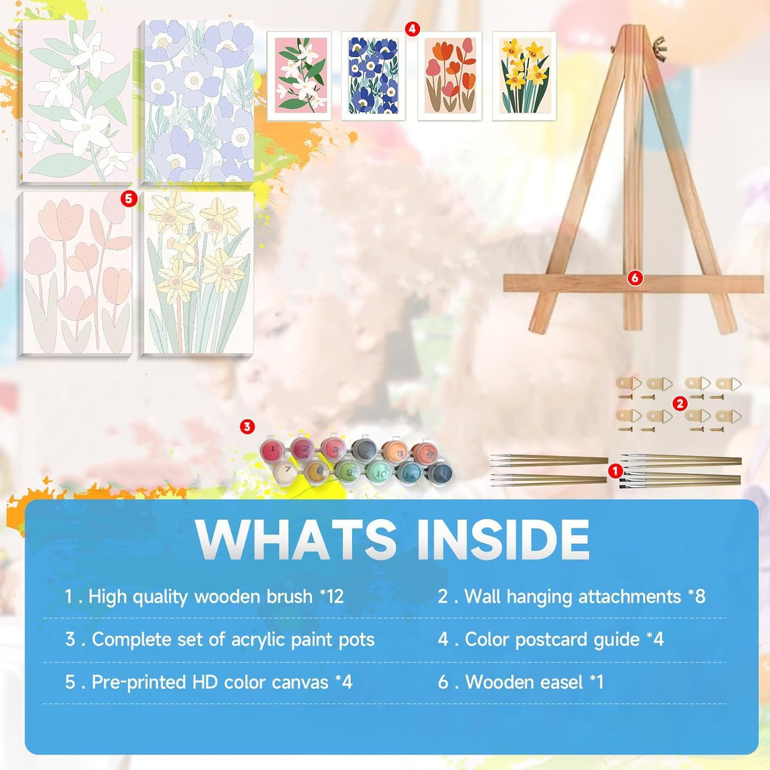 4 Pack Paint by Numbers Kit for Adults with Framed, Simple Flowers Easy Paint by Number Kits on Canvas with Wooden Easel, Floral Painting by Numbers for Beginner Gift Home Decor 8X12 In image number 2