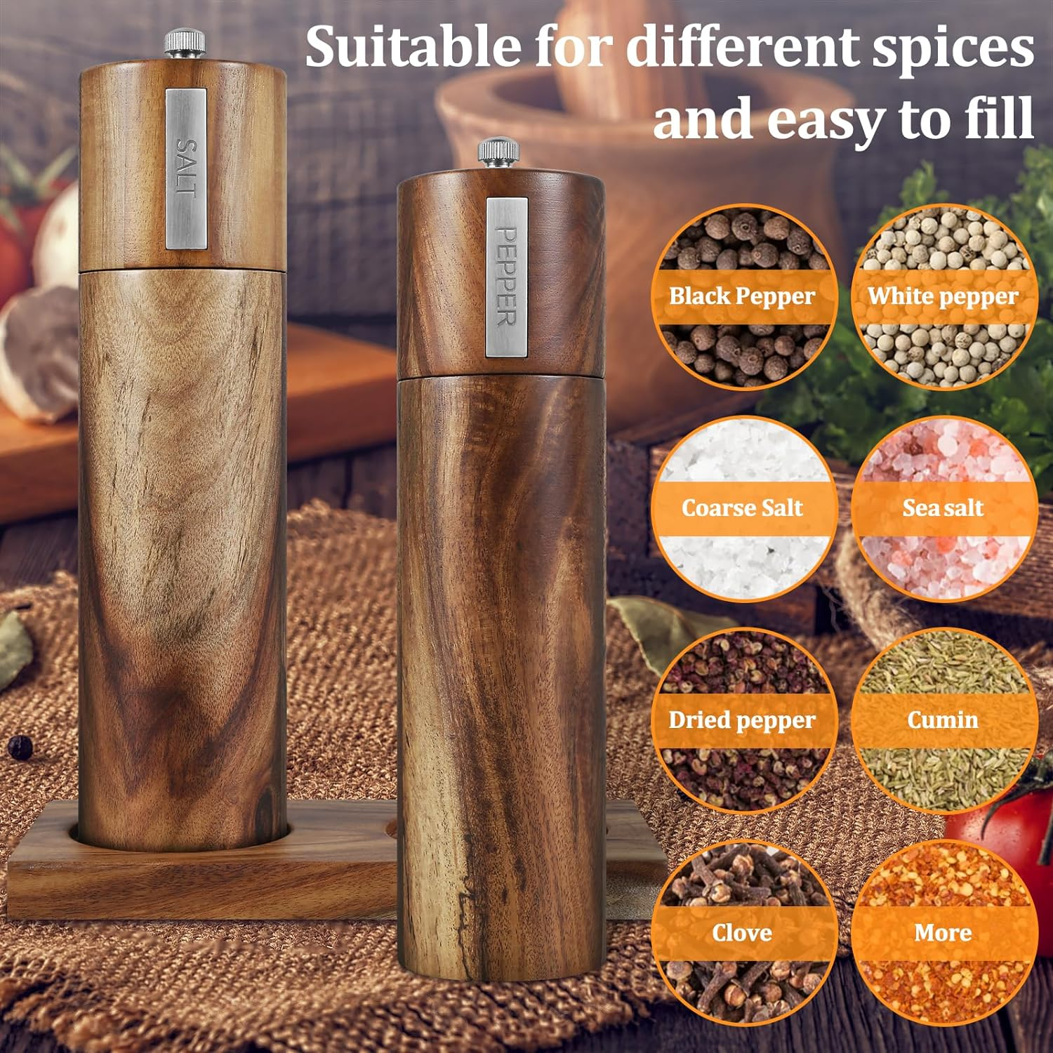 Wood Salt and Pepper Grinder Set,Salt Pepper Mill Grinder,Salt Grinder Set,Cylindrical Grinder Acacia Wood Pepper Mill Ceramic Core Manual Pepper Grinder