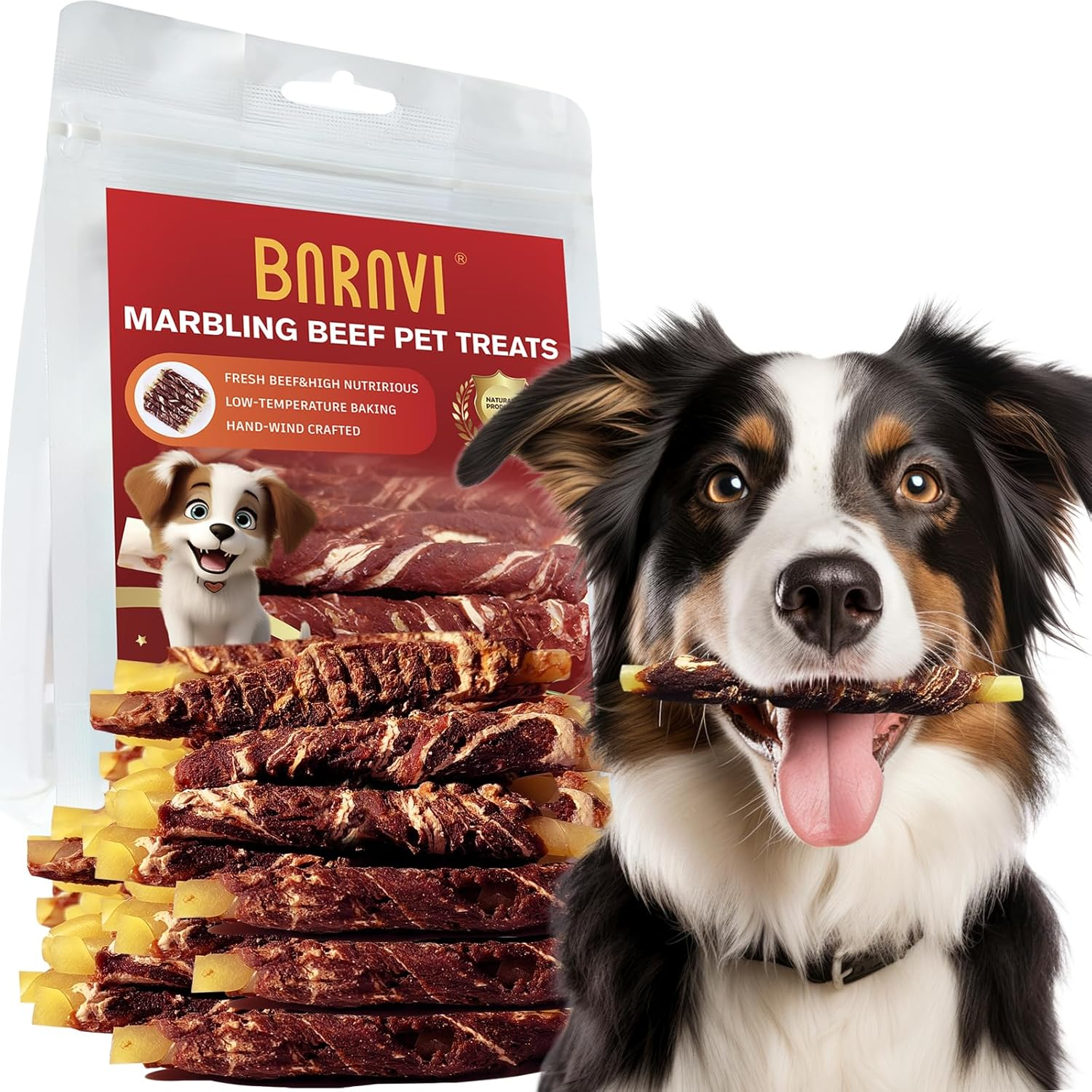 Dog Treats, Marbling Beef Dog Rawhide Sticks, Made with Fresh Beef, Clean Teeth Naturally While Chewing, 350G