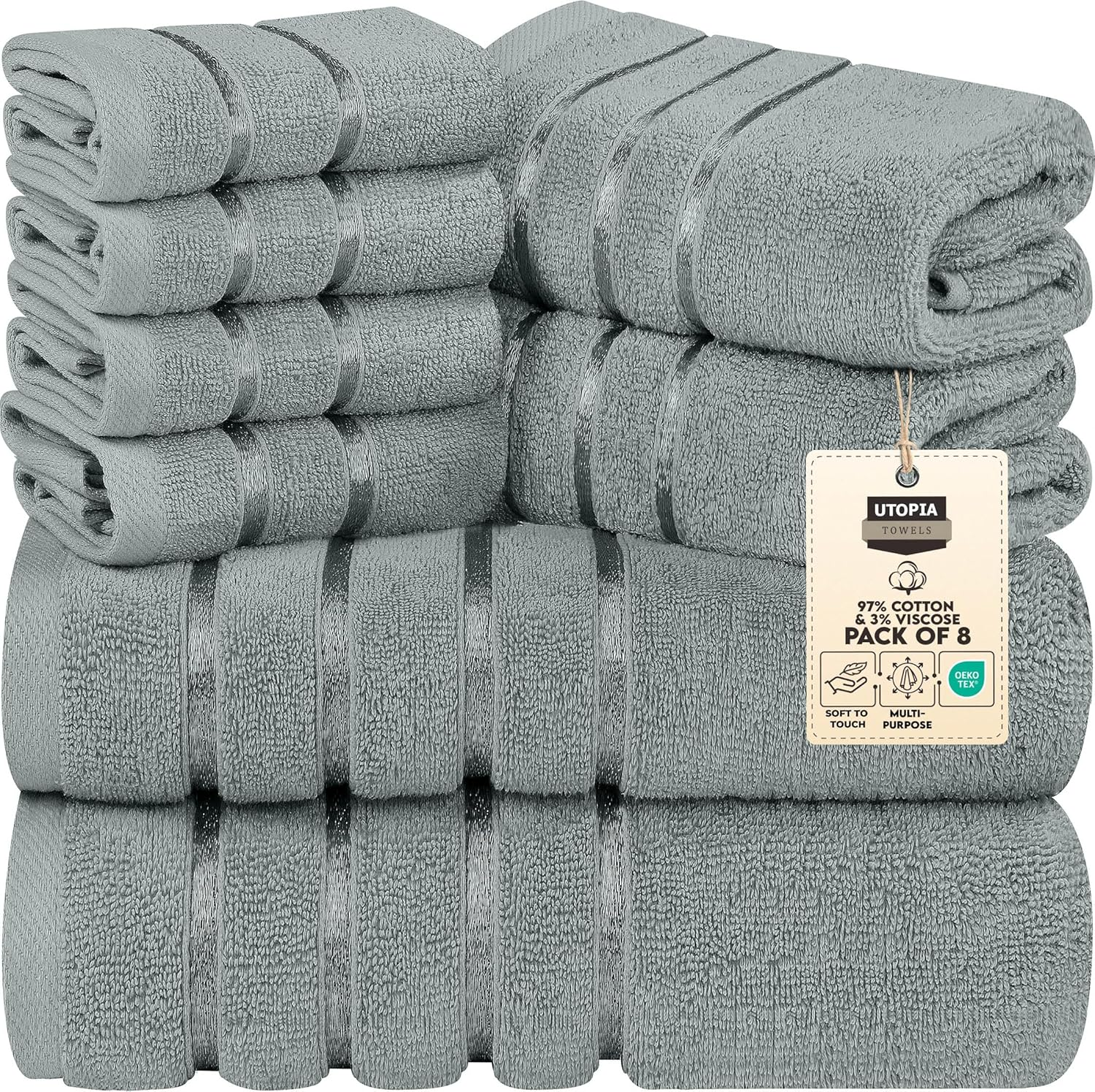 Utopia Towels 8-Piece Luxury Towel Set, 2 Bath Towels, 2 Hand Towels, and 4 Wash Cloths, 600 GSM 100% Ring Spun Cotton Highly Absorbent Viscose Stripe Towels Ideal for Everyday Use (Cool Grey) image number 4