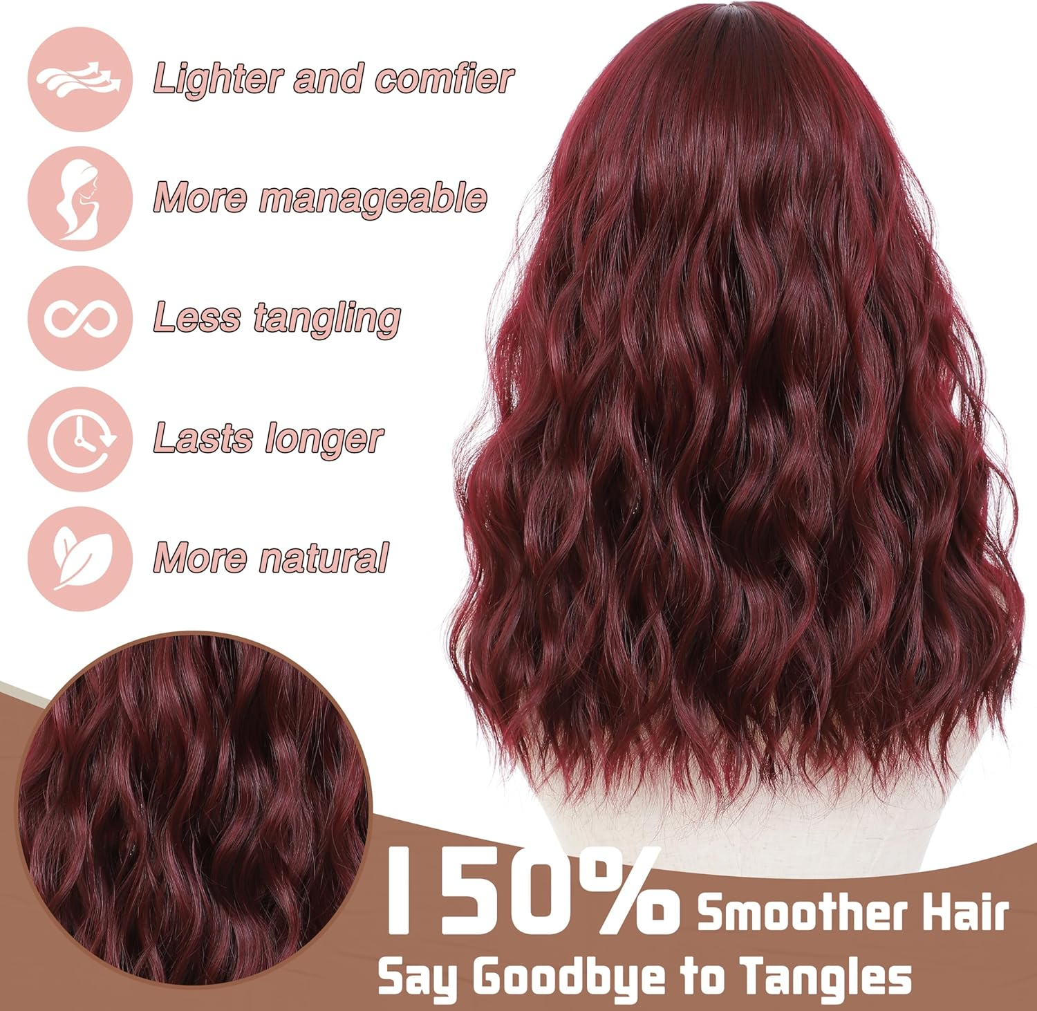 BUPPLER Burgundy Red Wig 45.72 Cm Medium Length Wigs for Women Middle Parting Synthetic Hair Wavy Wig with Improved Strands, Natural Wig for Everyday Party/Halloween image number 1
