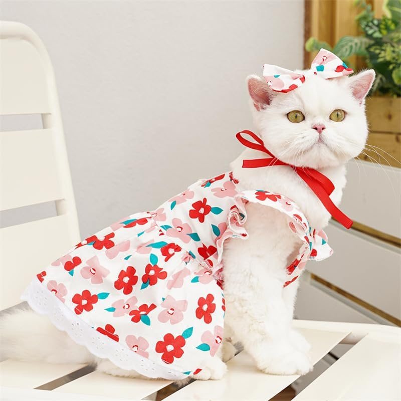 Dog Dress Dresses for Small Dogs Bow Cat Dress for Cat Only Dog Outfit Summer Puppy Clothes (Red, M) image number 4