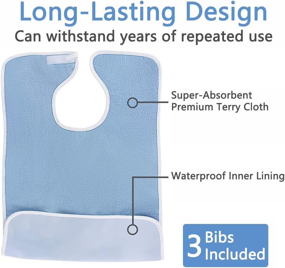 3 Pack Unisex Adult Bibs, Terry Bib Clothing Protectors, Washable Reusable Large Terry Cloth, Waterproof Bib for Eating Women/Men/Elderly