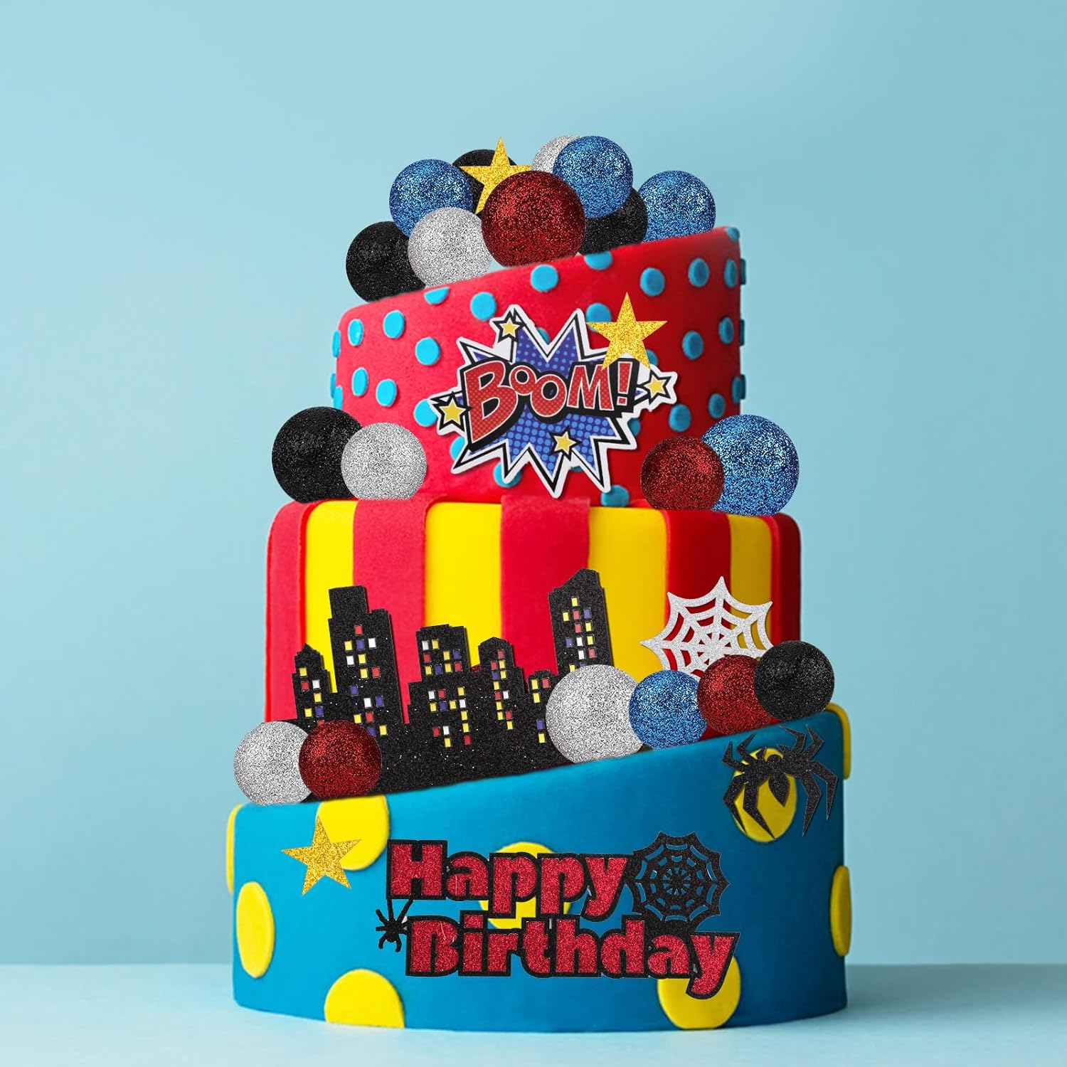 38Pcs Spider Theme Cake Toppers, Spider Cake Decorations Foam Balls Happy Birthday Spider Web Decorations for Boys Men Birthday Baby Shower Spider Theme Parties