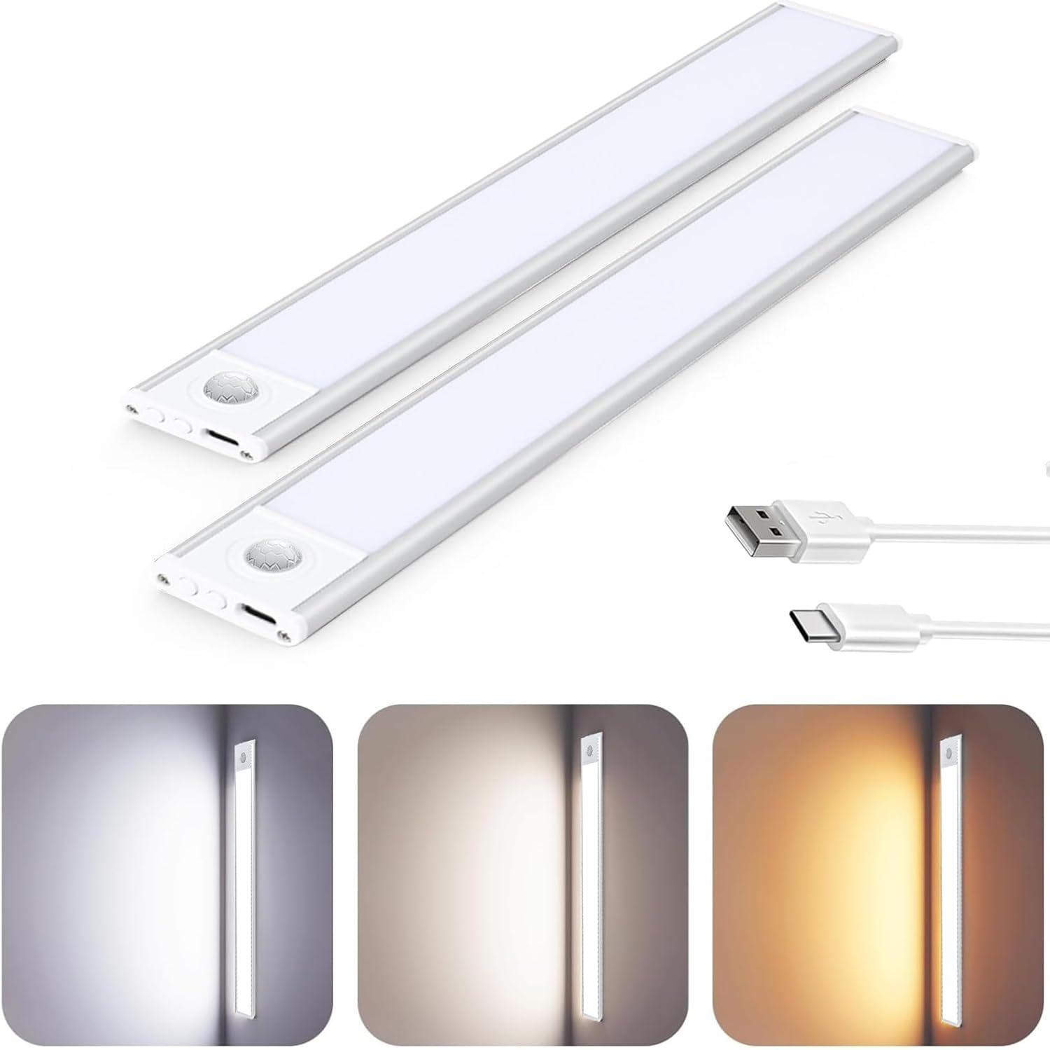 Under Cabinet Light 2 Pack, LED Wireless Rechargeable Motion Sensor Cupboard Light Bar, 3 Colours Dimmable Strip Night Light for Kitchen Wardrobe Cupboard, Silver, 20CM image number 3