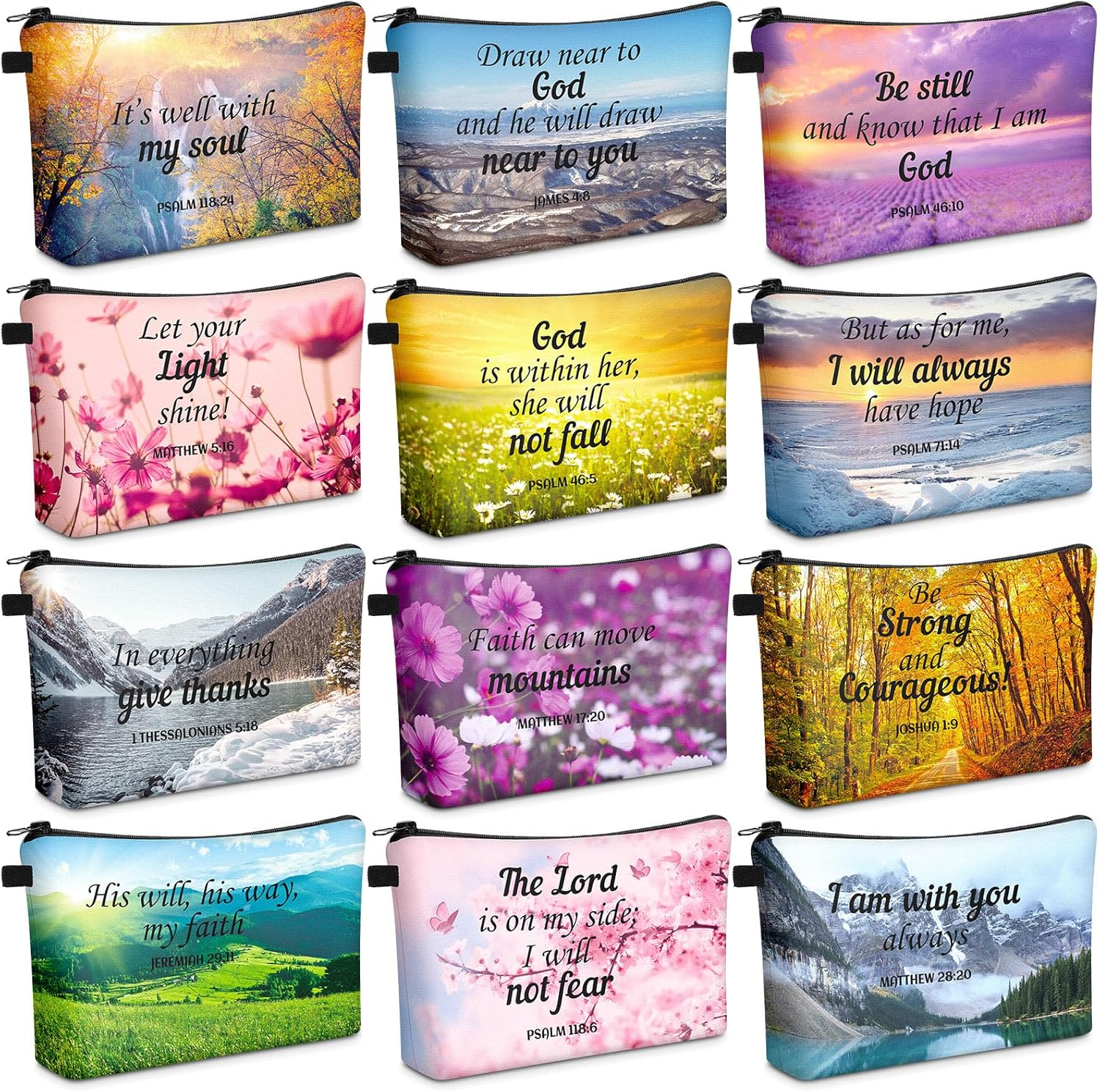Chunful 12 Pcs Inspirational Christian Gifts Religious Makeup Bags Bulk for Women Bible Verse Flower Cosmetic Bag Thanksgiving Christmas Gift for Church Ladies, 7.48 X 4.72 Inch(Elegant) image number 5