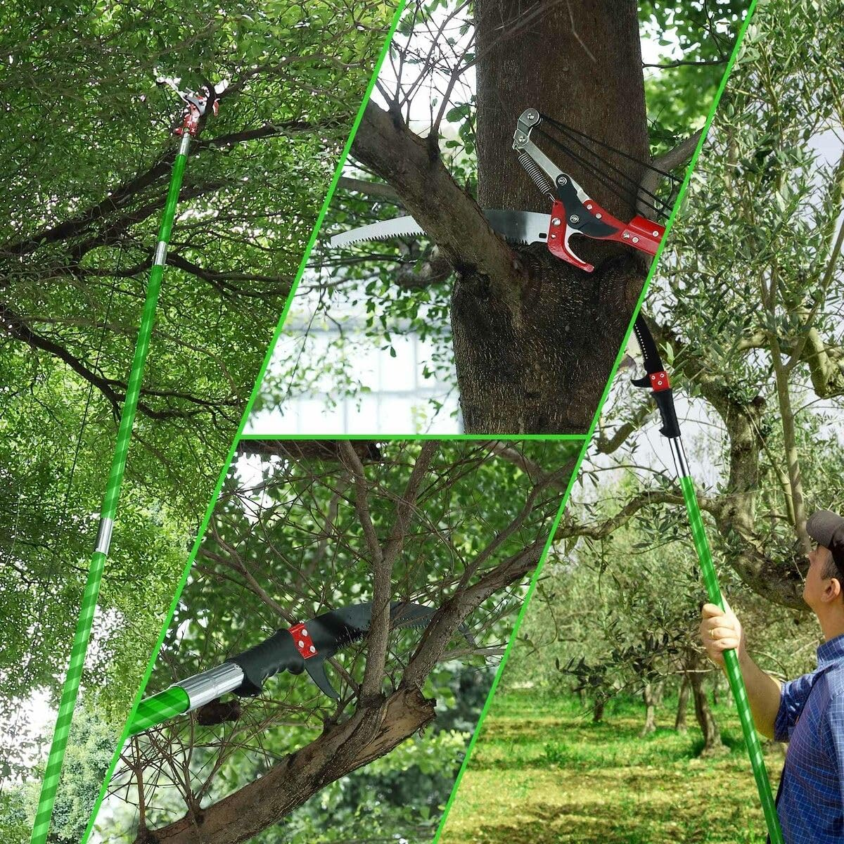 AUSWAY Manual Pole Saw Tree Pruner Extendable High Branch Pruning Trimming Trimmer Cutter 8 Fibreglass Rods Sharp Steel Blades Scissors Shearing Garden Tool image number 1