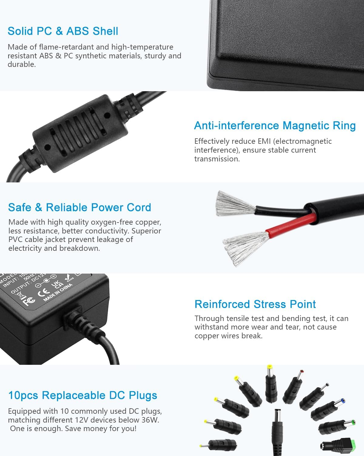 ALITOVE 12V 3A Power Supply Adapter DC 12 Volt 36W 3000Ma 2.5A 2A 1.5A 1A Power Converter Transformer with 5.5X2.5 5.5X2.1 5.5X3.0 5.5X1.7 4.8X1.7 4.0X1.7 3.5X1.35 3.0X1.1 2.5X0.7 6.3X3.0 10 Tips