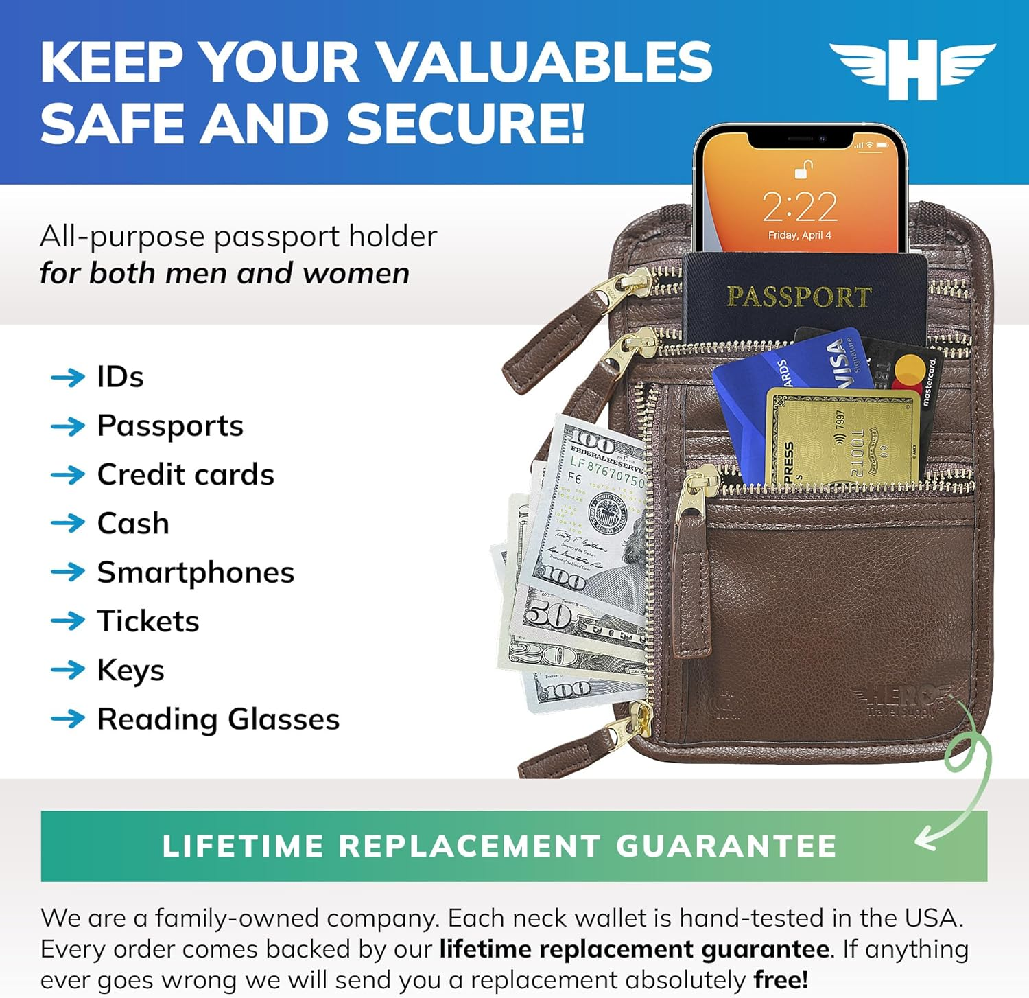 HERO Neck Wallet &ndash; RFID Blocking Passport Holder &ndash; Easy to Conceal Travel Pouch, Brown, Vegan Leather Travel Neck Wallet image number 1