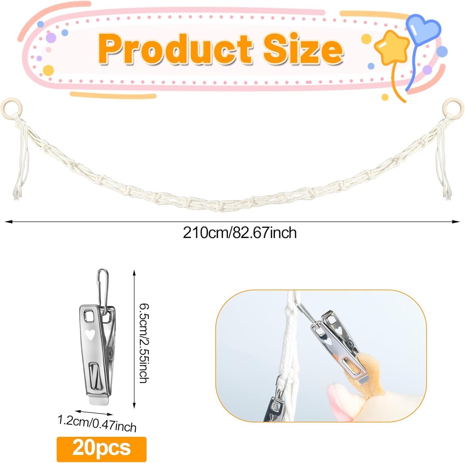 Stuffed Animal Storage Hammock Corner - Hanging Stuffed Animal Holder with 20 PCS Metal Clips, Boho Stuffed Animal Organizer Chain for Hanging Hats Socks Holiday Cards image number 5