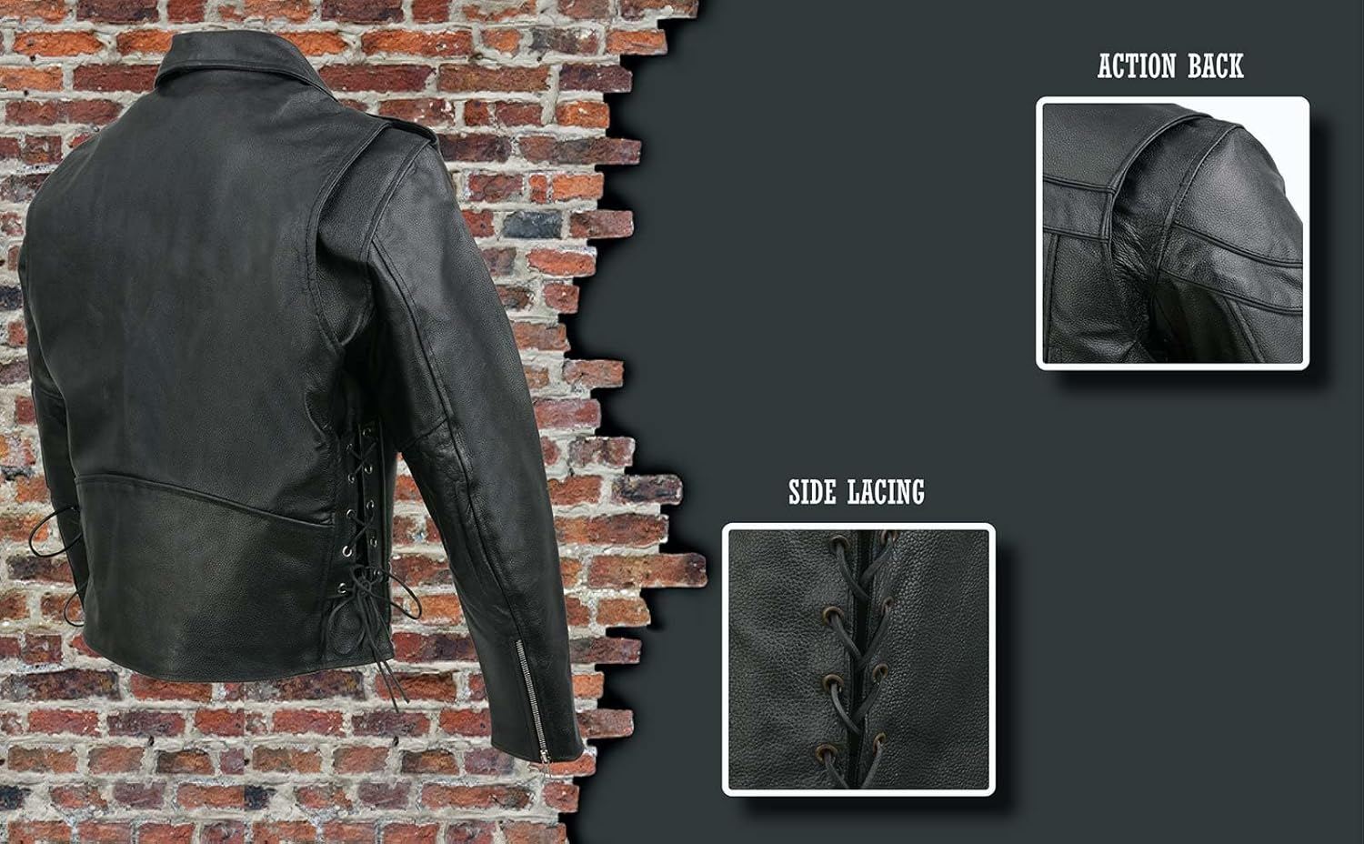 Event Biker Leather Mens EL5411 Black Classic Side Lace Jacket, Black, 4X-Large US image number 1