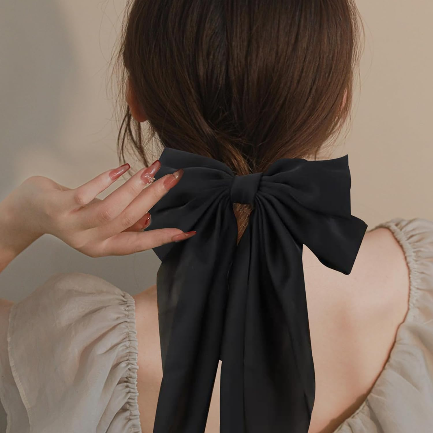 Aikeis Silky Satin Hair Bows Large Hair Bows for Women Oversized Hair Bows Long Tail Hair Bow (Black/White) image number 6