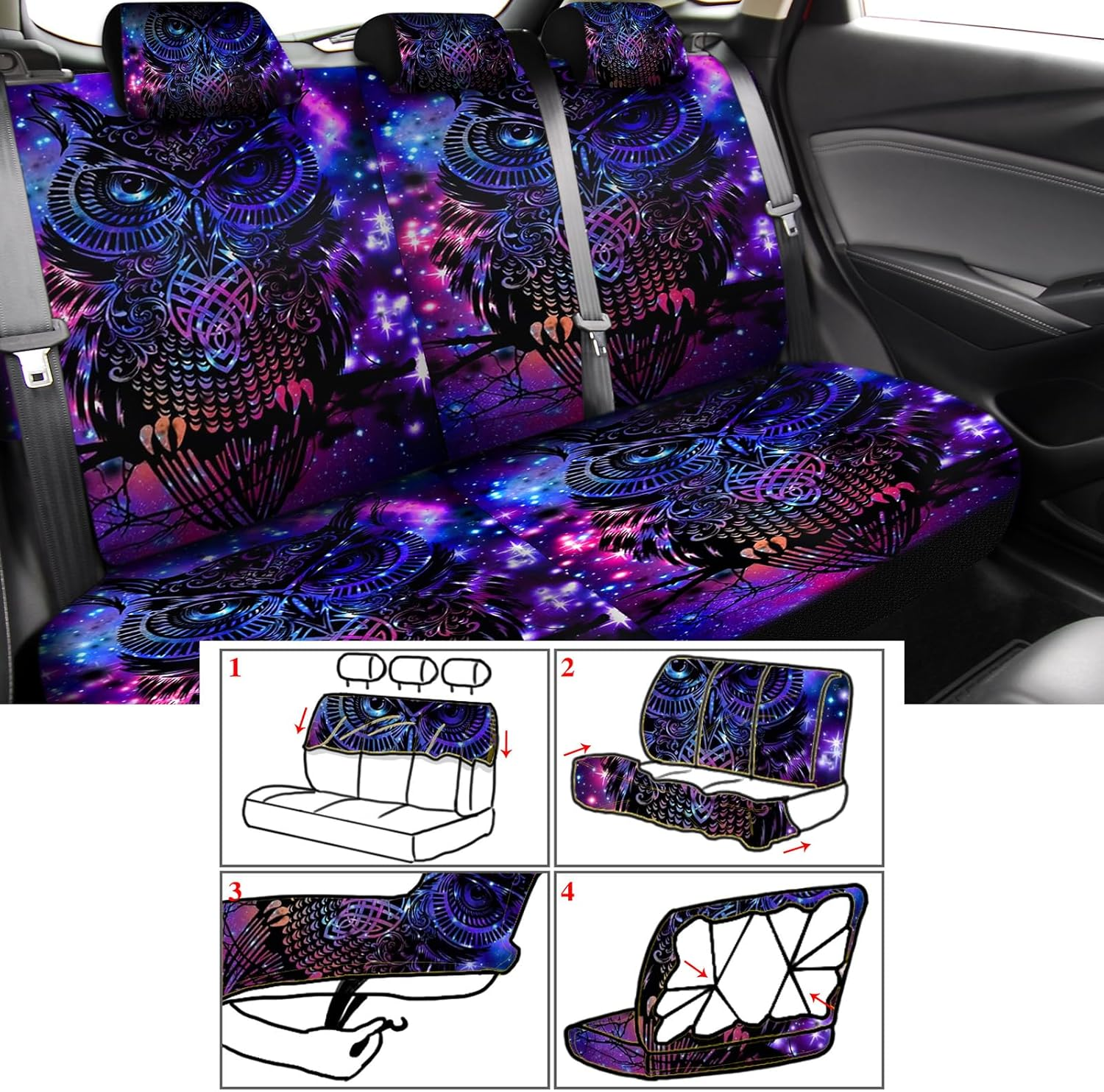 Riakrum 15 Pcs Purple Colorful Owl Car Seat Covers Full Set Space Cats Car Covers for Front Rear Seat Steering Wheel Wrist Strap Armrest Pad Shoulder Pads image number 4