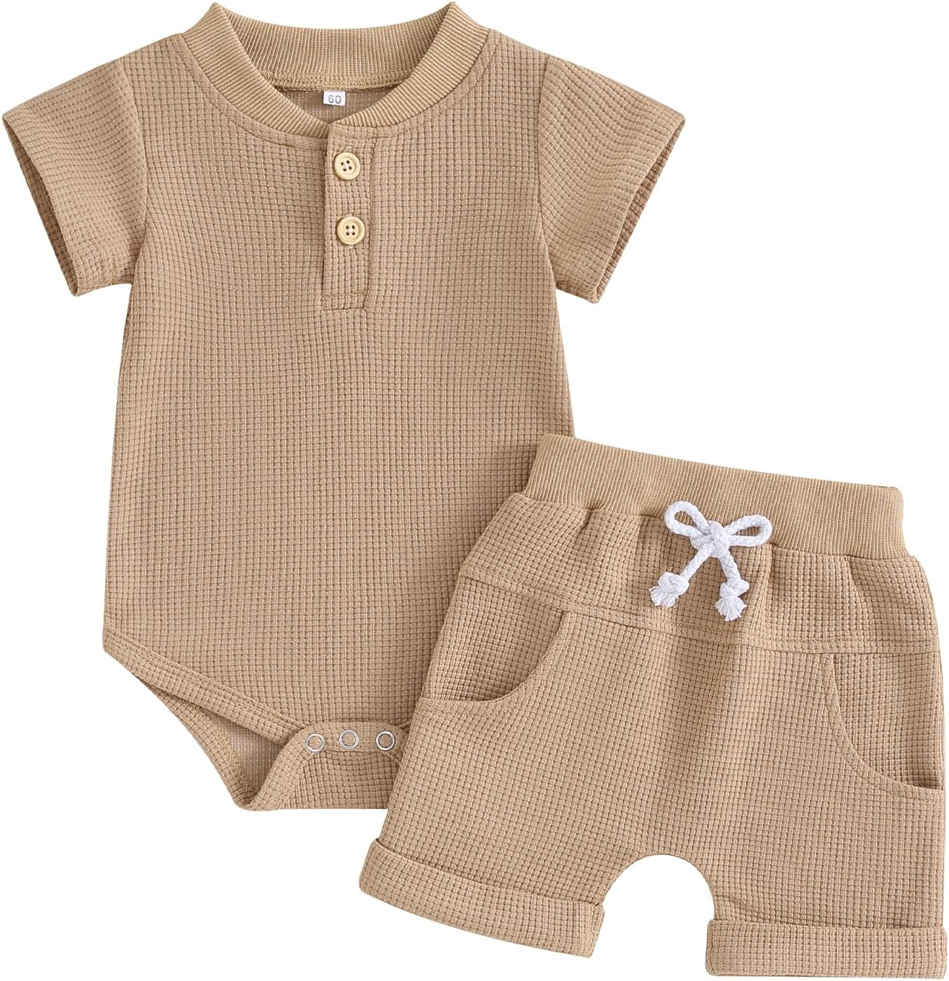 Kuriozud Newborn Baby Boy Summer Clothes Button Short Sleeve Romper Bodysuit Shorts Set Infant Soft Waffle Outfit image number 4