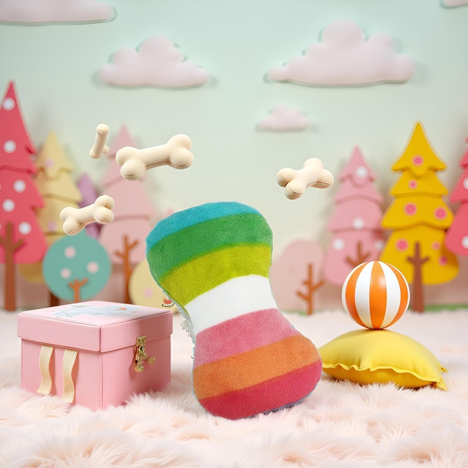 2Pcs Dog Plush Vocal Rainbow Dog Bone-Shape Chewing Pet Supplies for Pet Playing Use Adorable Quality and Practical Attractive and Professional Bone with Puncture Resistant Squeaker, Chew image number 4