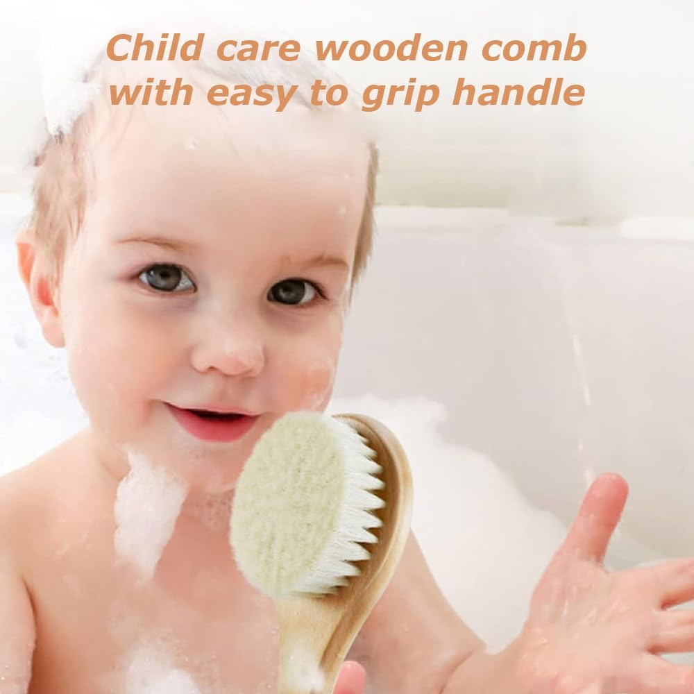 4 Pcs Infant Hair Brush,Wood Baby Cradle Cap Comb,Yellow Silicone Brush,Baby Hair Brush,Wool Brush Set,Cradle Cap Brush,For Newborns and Toddlers image number 6