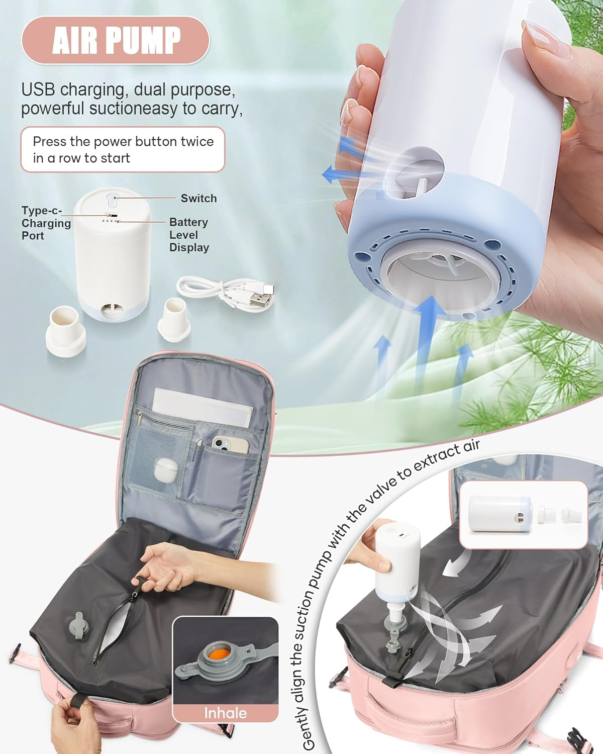 Pakembl Vacuum Backpack Travel with Pump Travel Backpack with Vacuum System Laptop Backpack Waterproof Carry on Casual Backpack 14/15.6Inch with Shoes Compartment image number 6