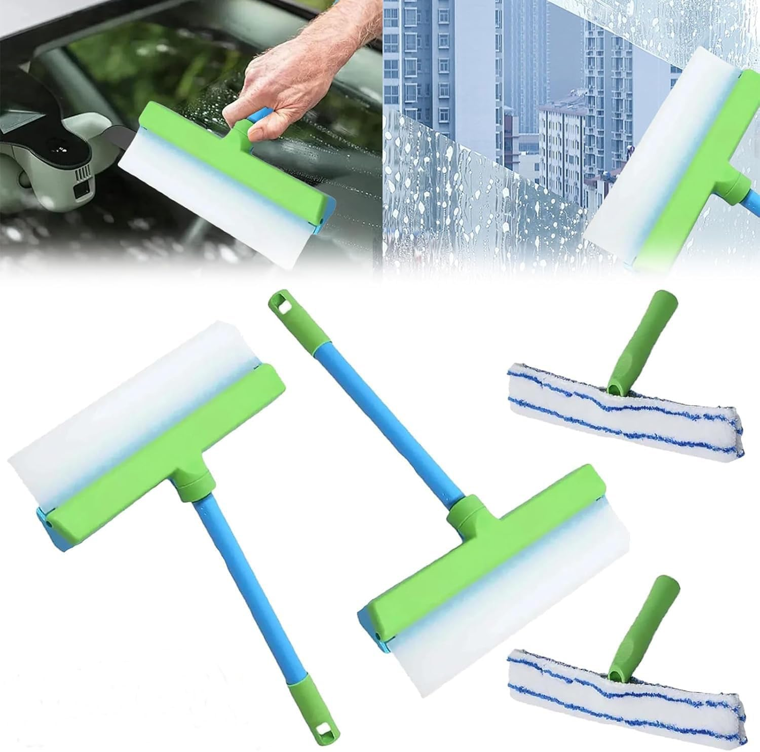 3-In-1 Silicone Window Cleaning Kit &ndash; Streak-Free Squeegee for Shower Glass, Mirrors, Car Windows & Home &ndash; Includes Scraper & Microfibre Cloth (Blue White-1 Pc)